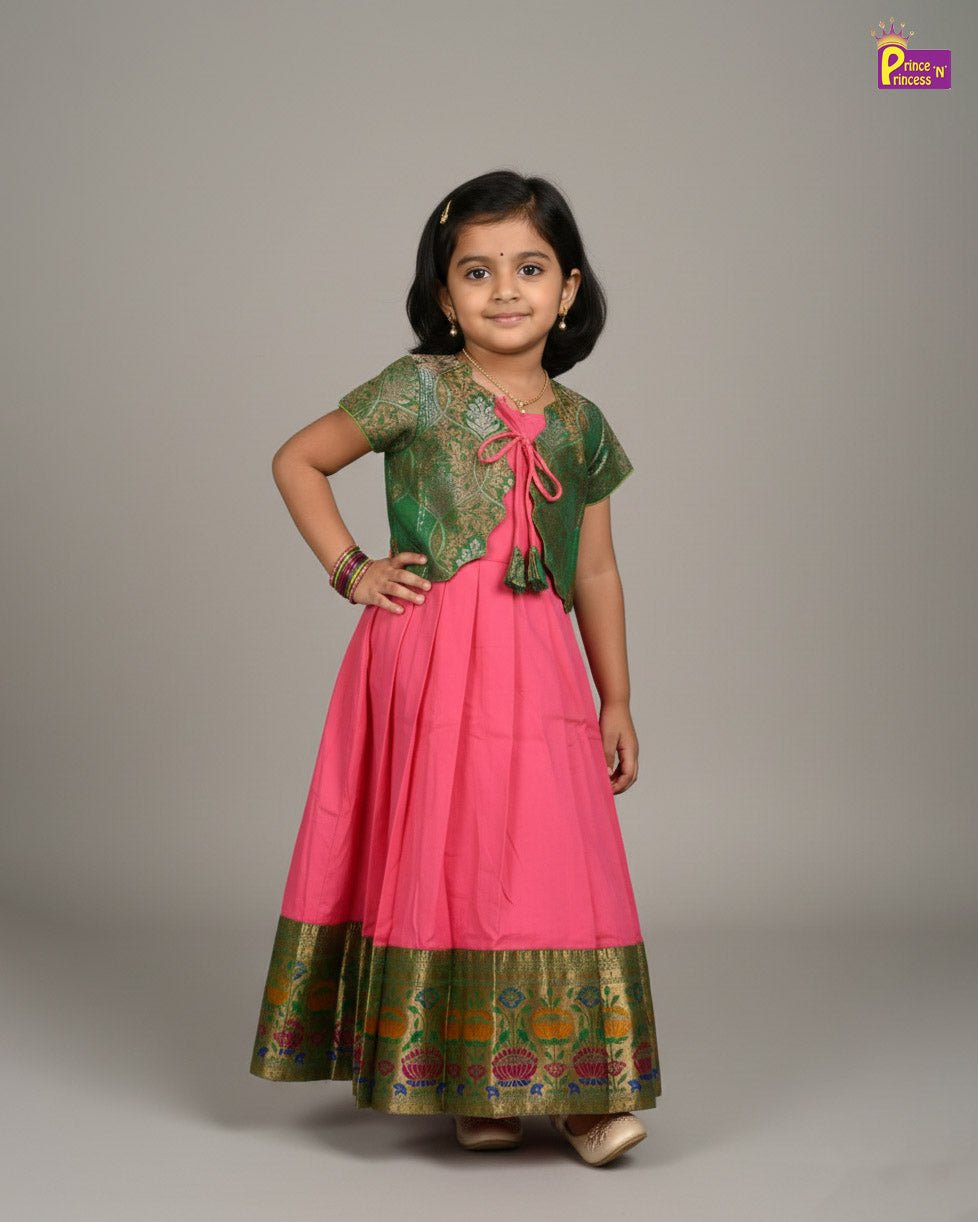 Kids Traditional Coat Gown in Green with Pink PG570 - Prince N Princess
