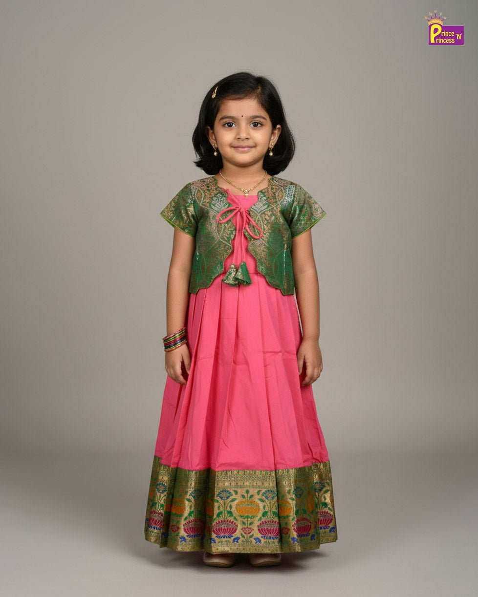 Kids Traditional Coat Gown in Green with Pink PG570 - Prince N Princess