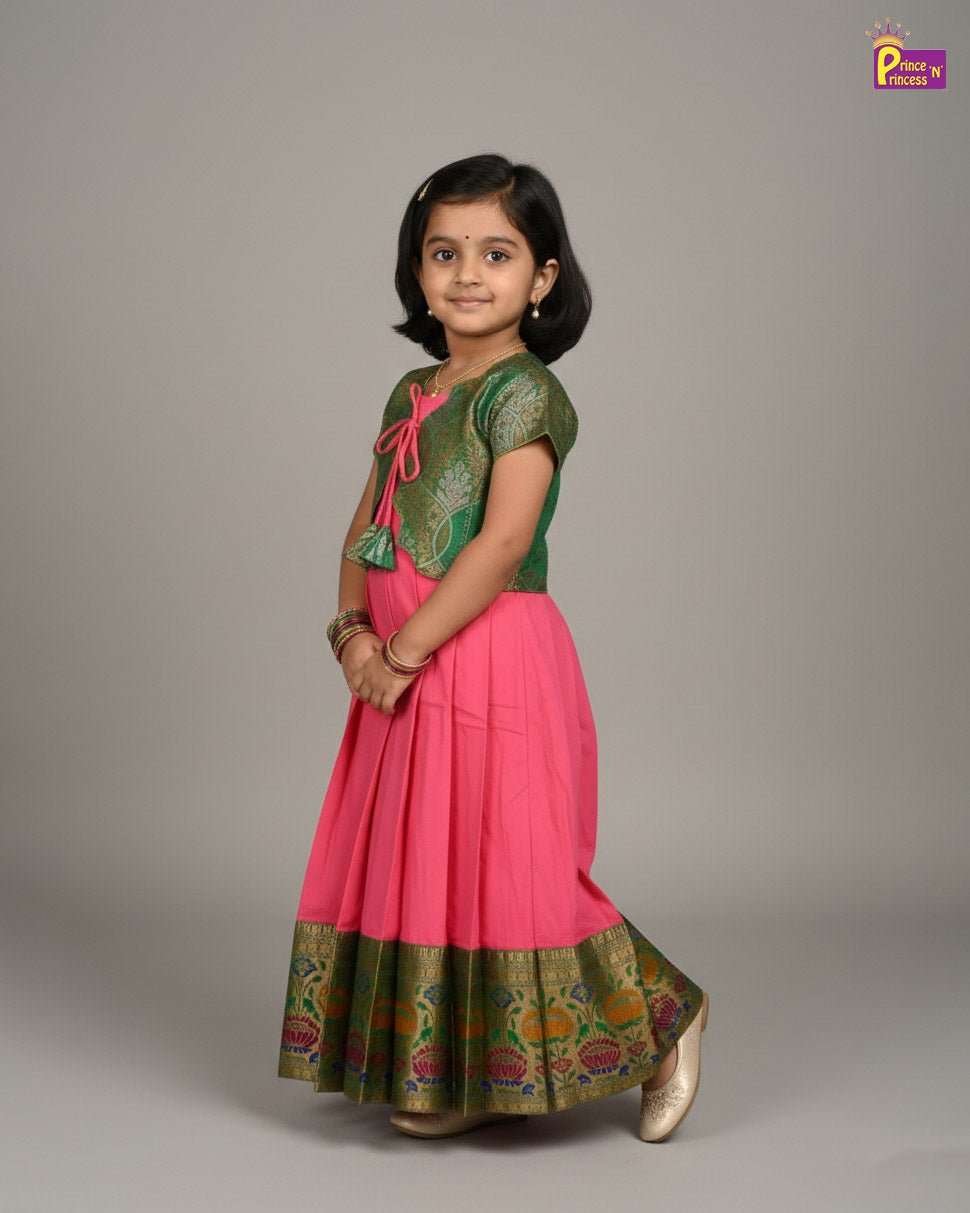 Kids Traditional Coat Gown in Green with Pink PG570 - Prince N Princess