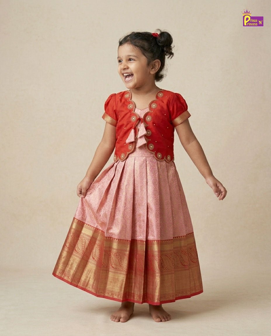 Kids Traditional Coat Type Aari Work Long gown in Red PG679 for kids festival wear