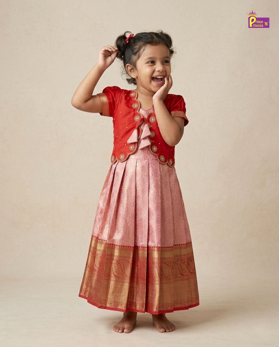 Kids Traditional Coat Type Aari Work Long gown in Red PG679 for kids festival wear