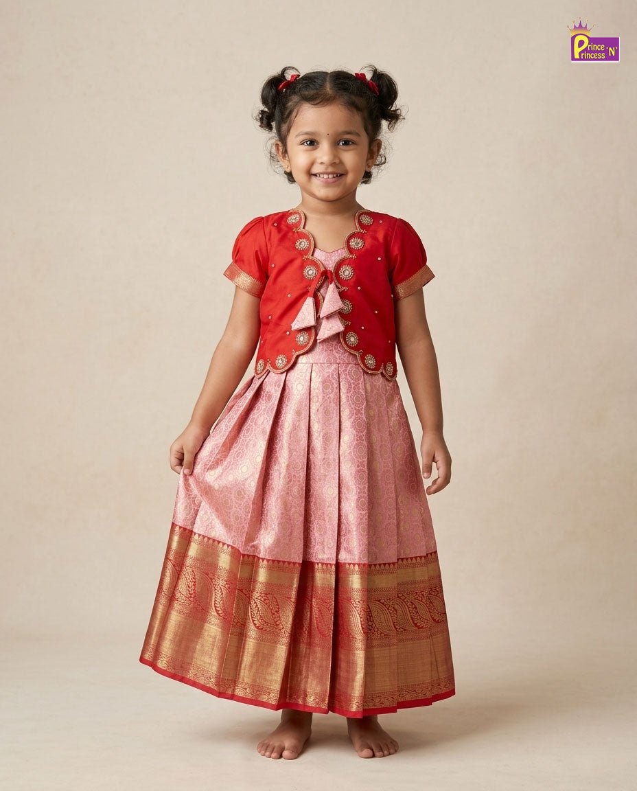 Kids Traditional Coat Type Aari Work Long gown in Red PG679 for kids festival wear