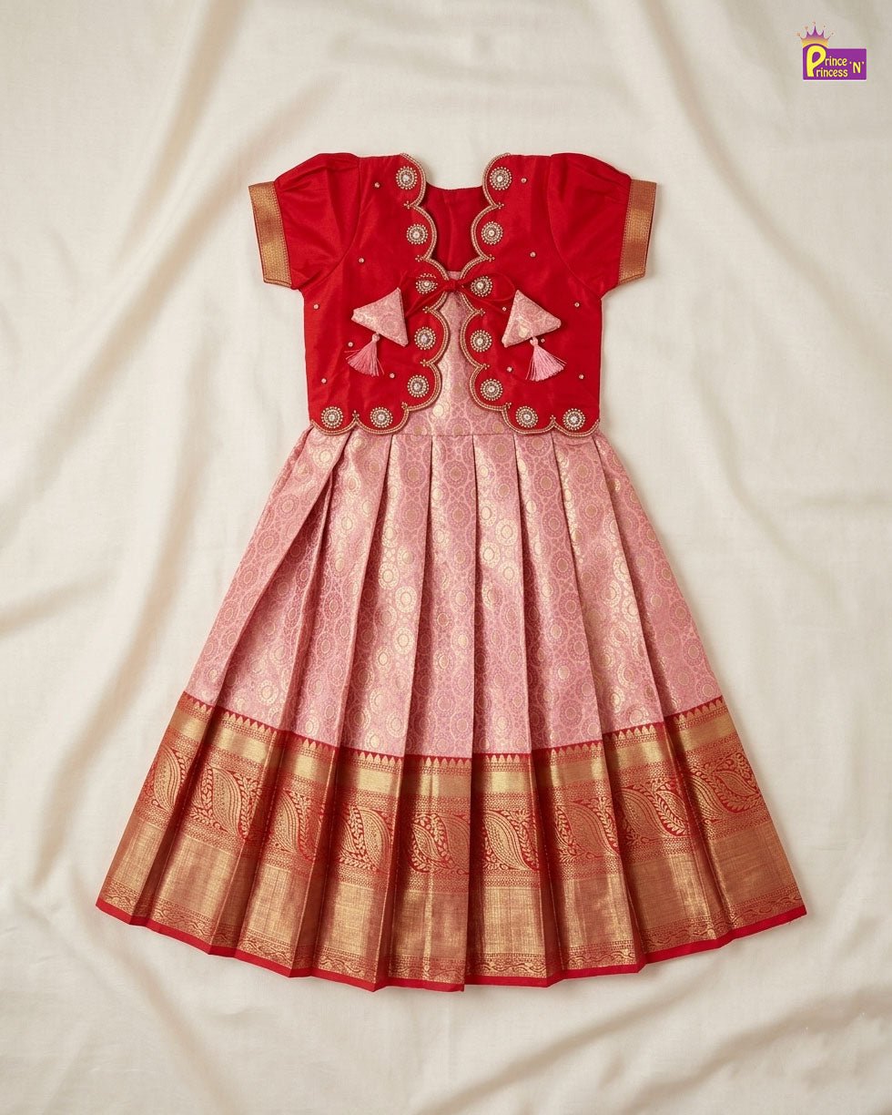 Kids Traditional Coat Type Aari Work Long gown in Red PG679 for kids festival wear