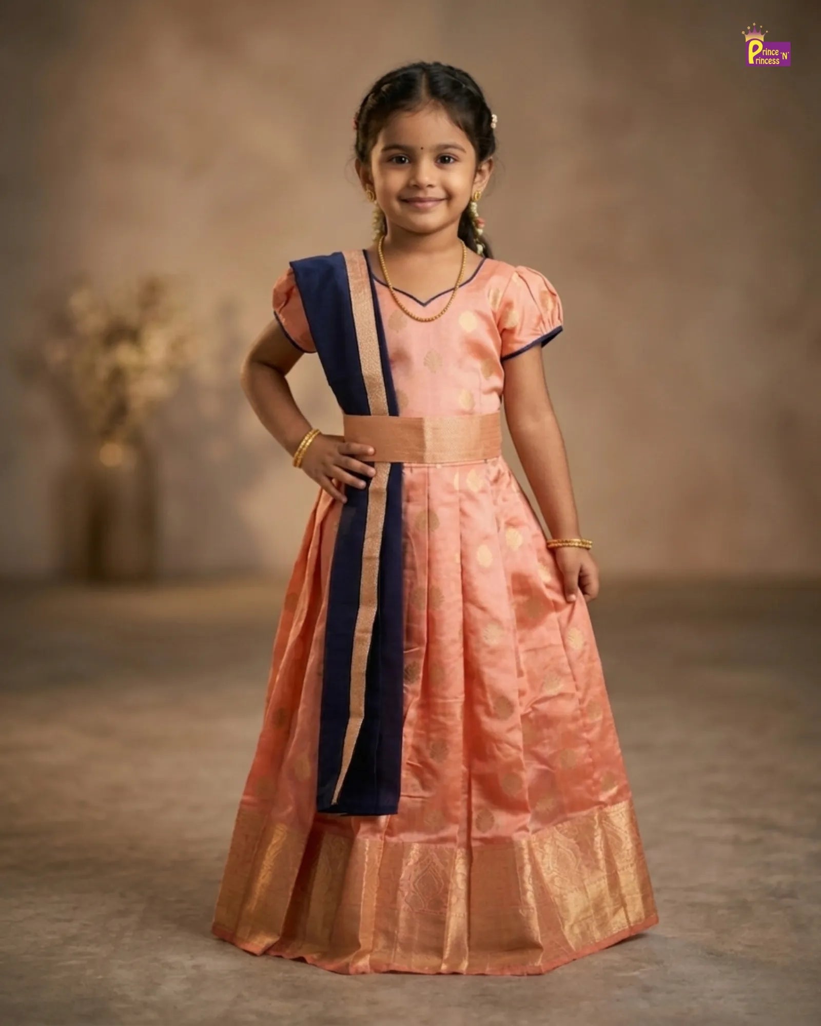 Kids Traditional Ethnic Gown in Peach with Navy PG705 for kids festival wear