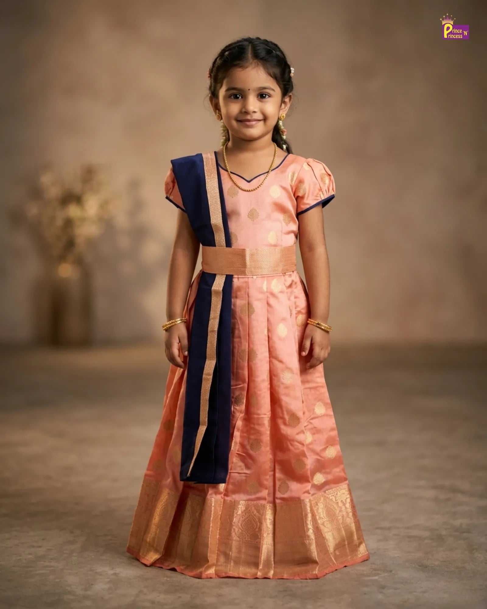 Kids Traditional Ethnic Gown in Peach with Navy PG705 for kids festival wear