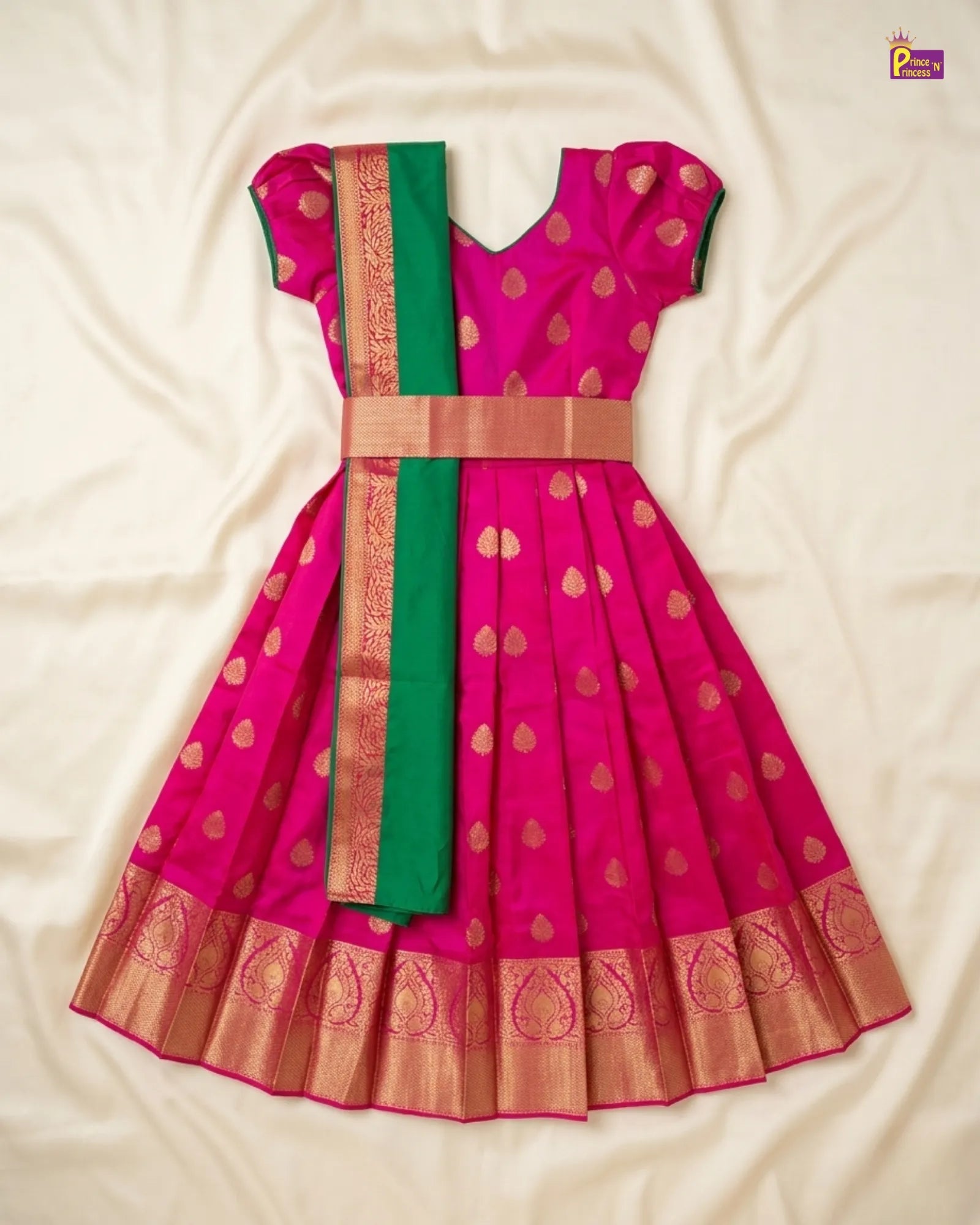 Kids Traditional Ethnic Gown in Pink with Green PG580 for kids festival wear