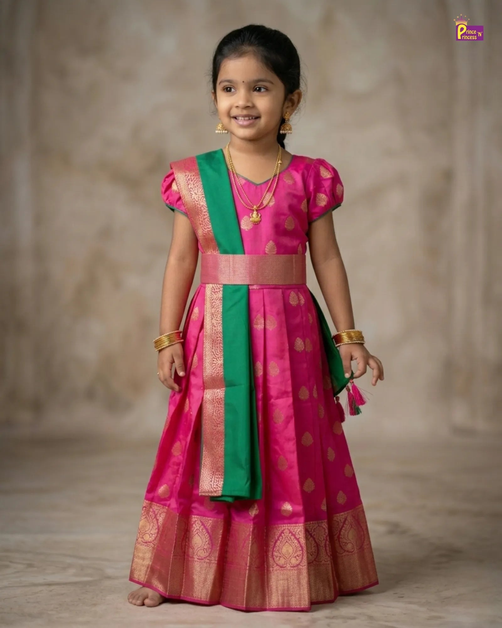 Kids Traditional Ethnic Gown in Pink with Green PG580 for kids festival wear