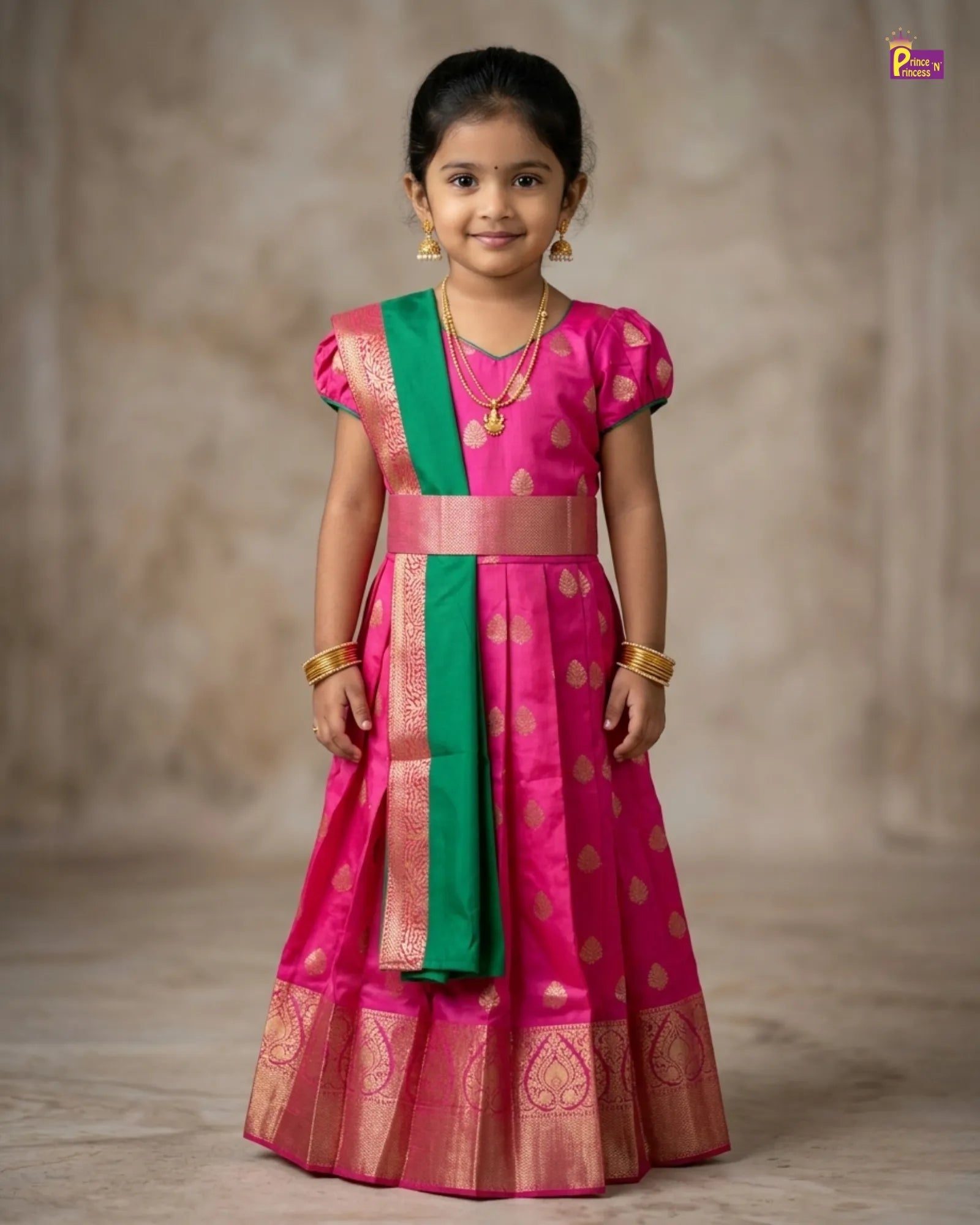 Kids Traditional Ethnic Gown in Pink with Green PG580 for kids festival wear
