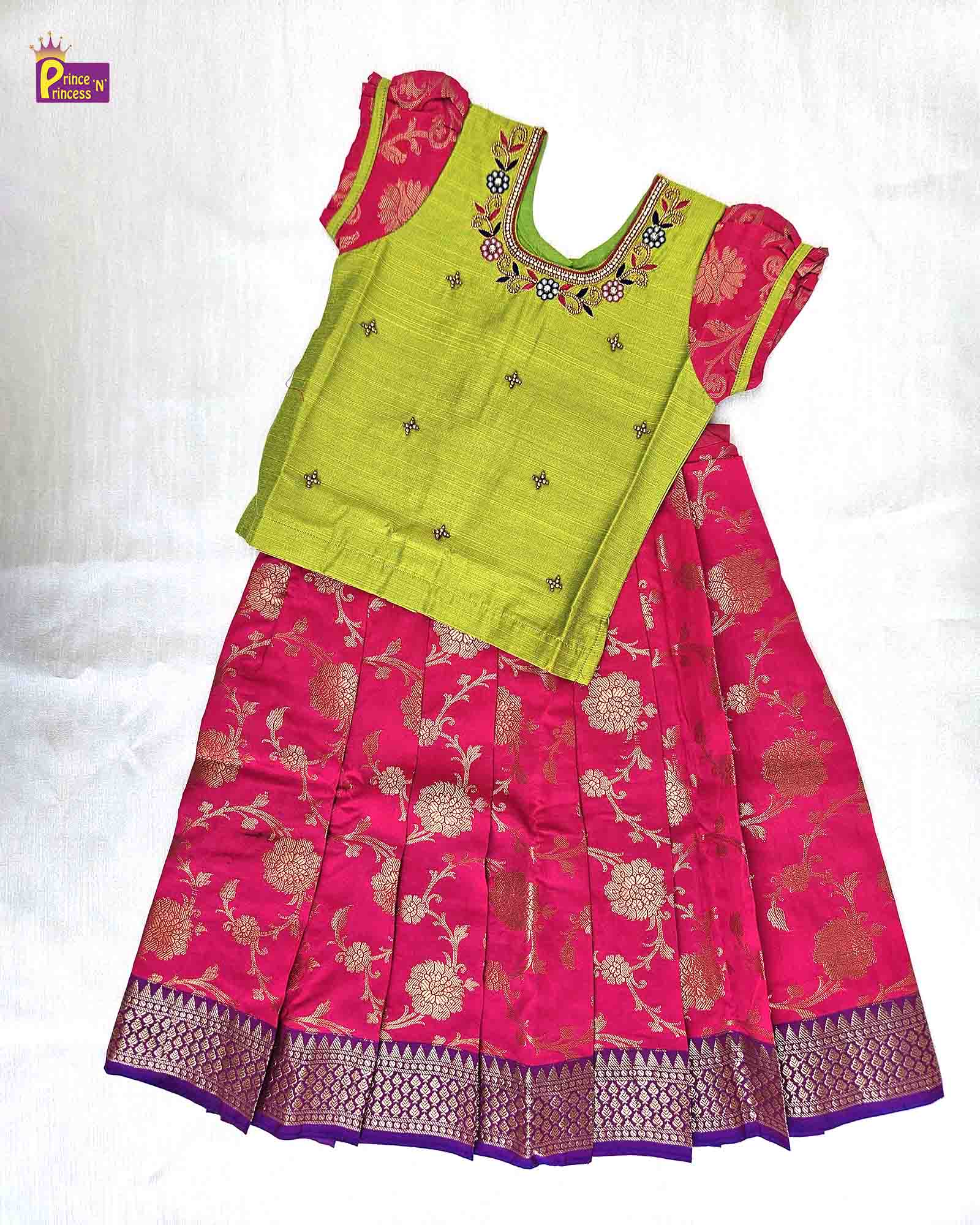 Kids Traditional Green Pink Aari work Pattu pavadai PPP1506 - Prince N Princess