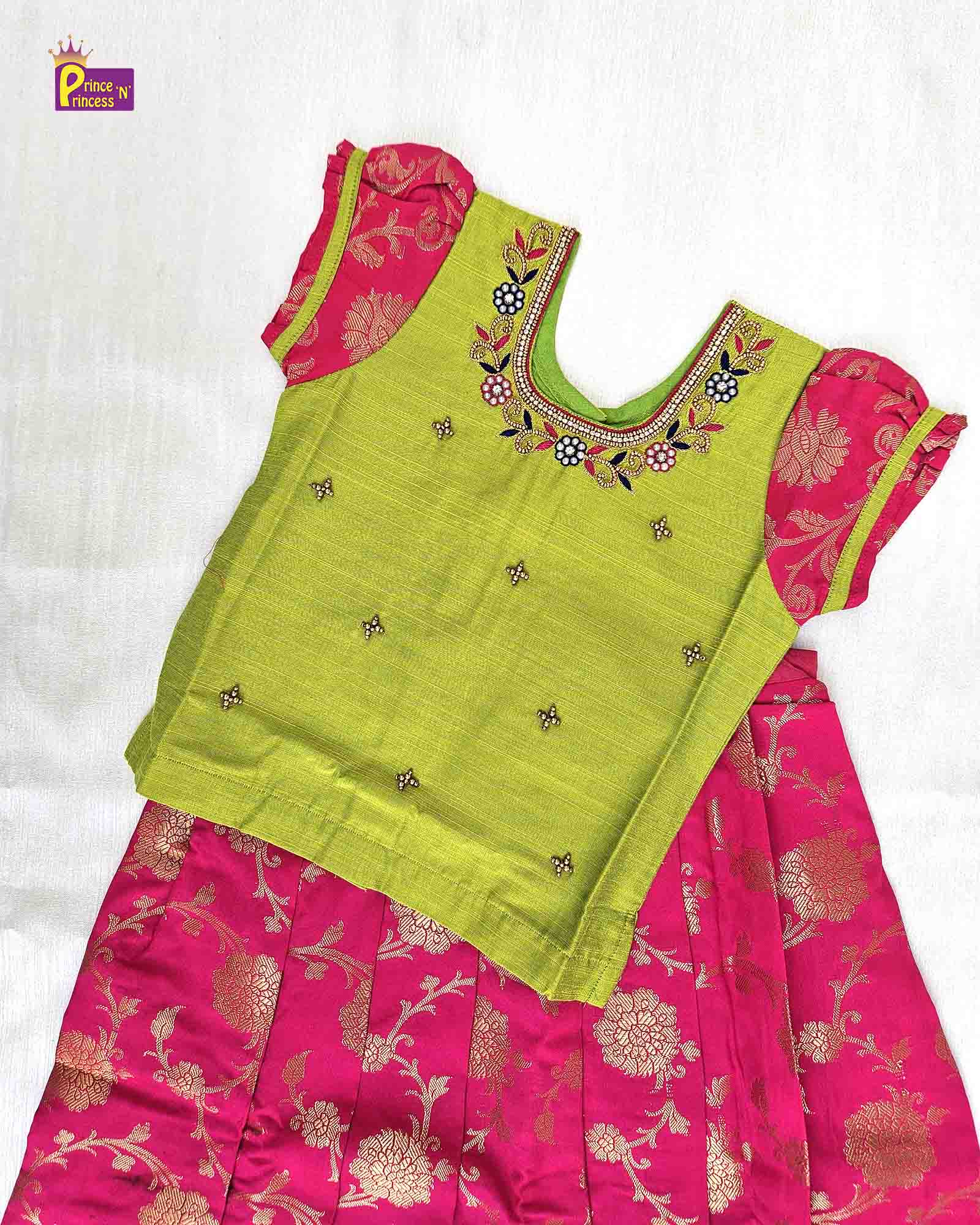 Kids Traditional Green Pink Aari work Pattu pavadai PPP1506 - Prince N Princess