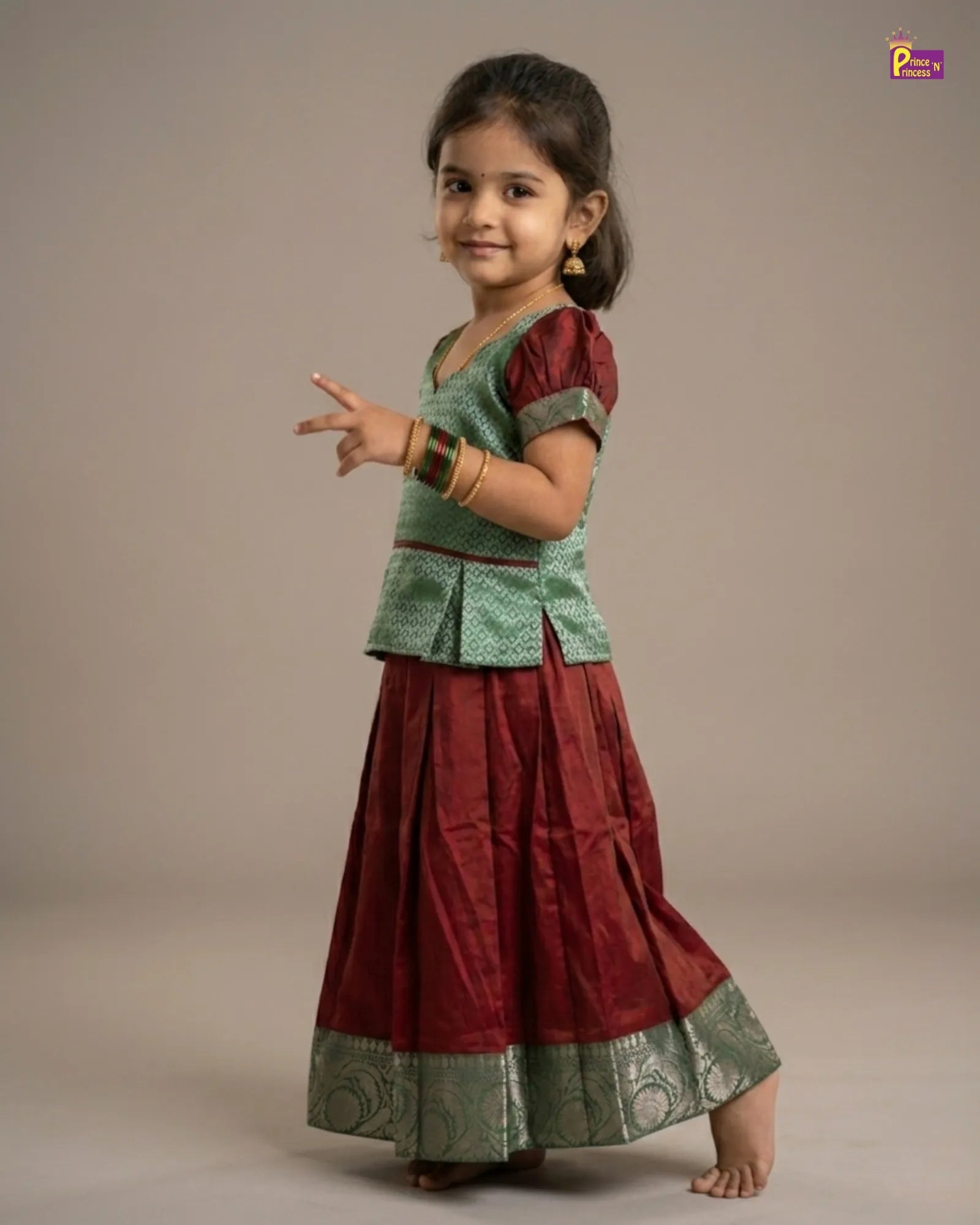 Kids Traditional Pattu pavadai Green with Maroon PPP1510 for kids festival wear