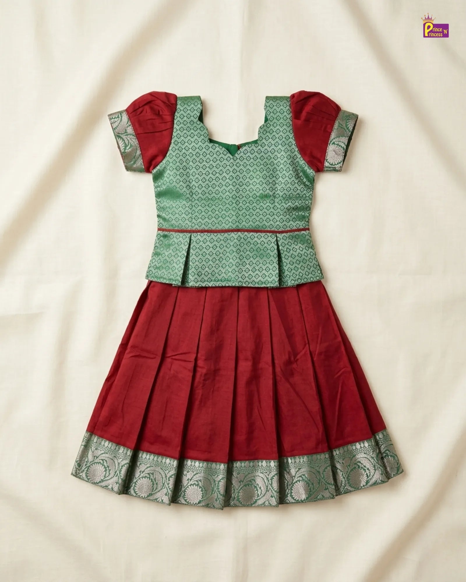 Kids Traditional Pattu pavadai Green with Maroon PPP1510 for kids festival wear
