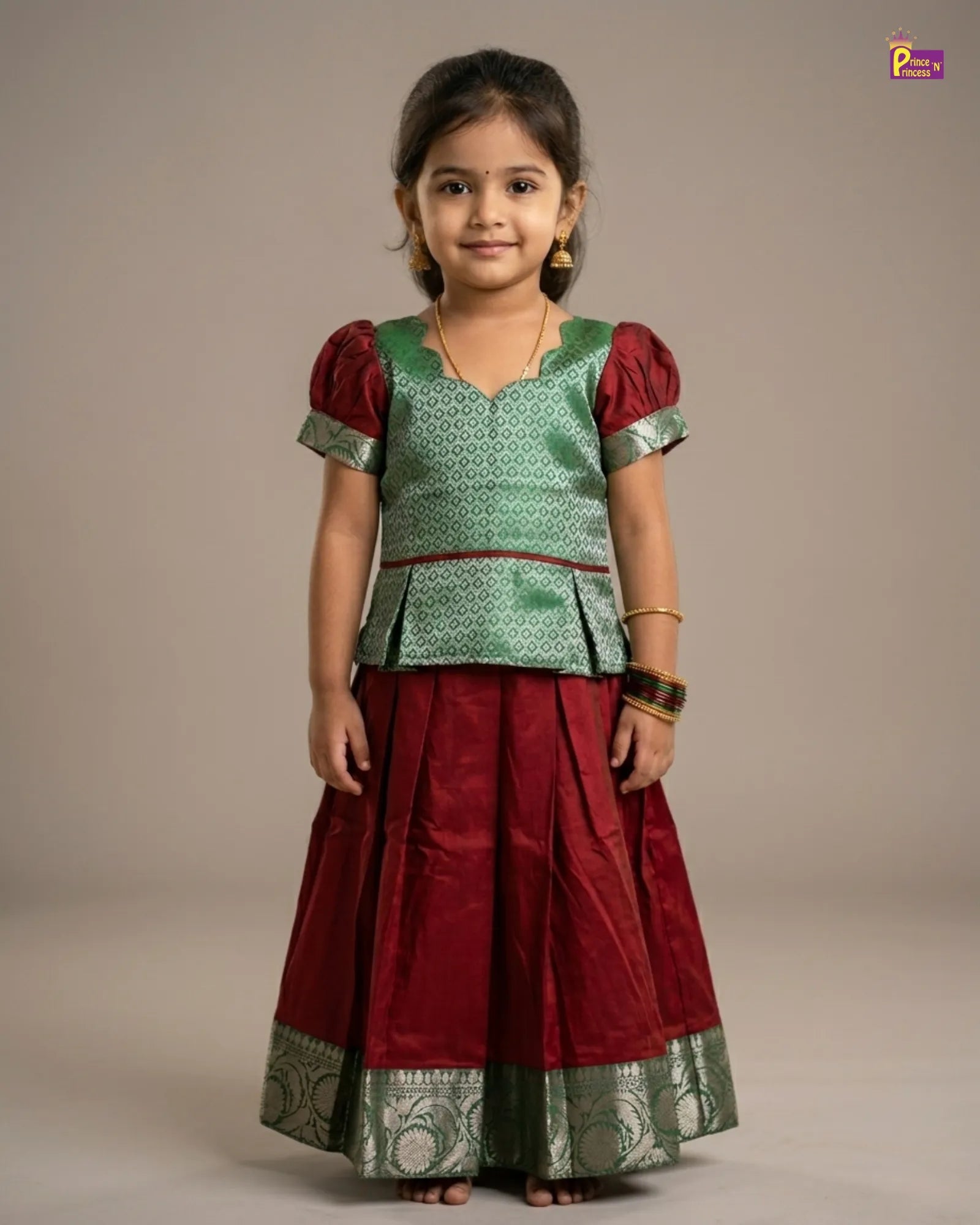 Kids Traditional Pattu pavadai Green with Maroon PPP1510 for kids festival wear