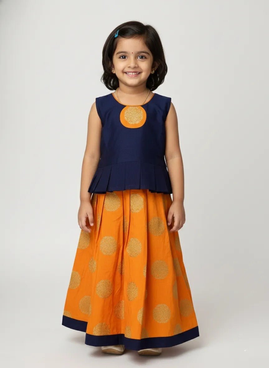 KIds Traditional Pattu Pavadai in Navy with Orange FRL023 - Prince N Princess