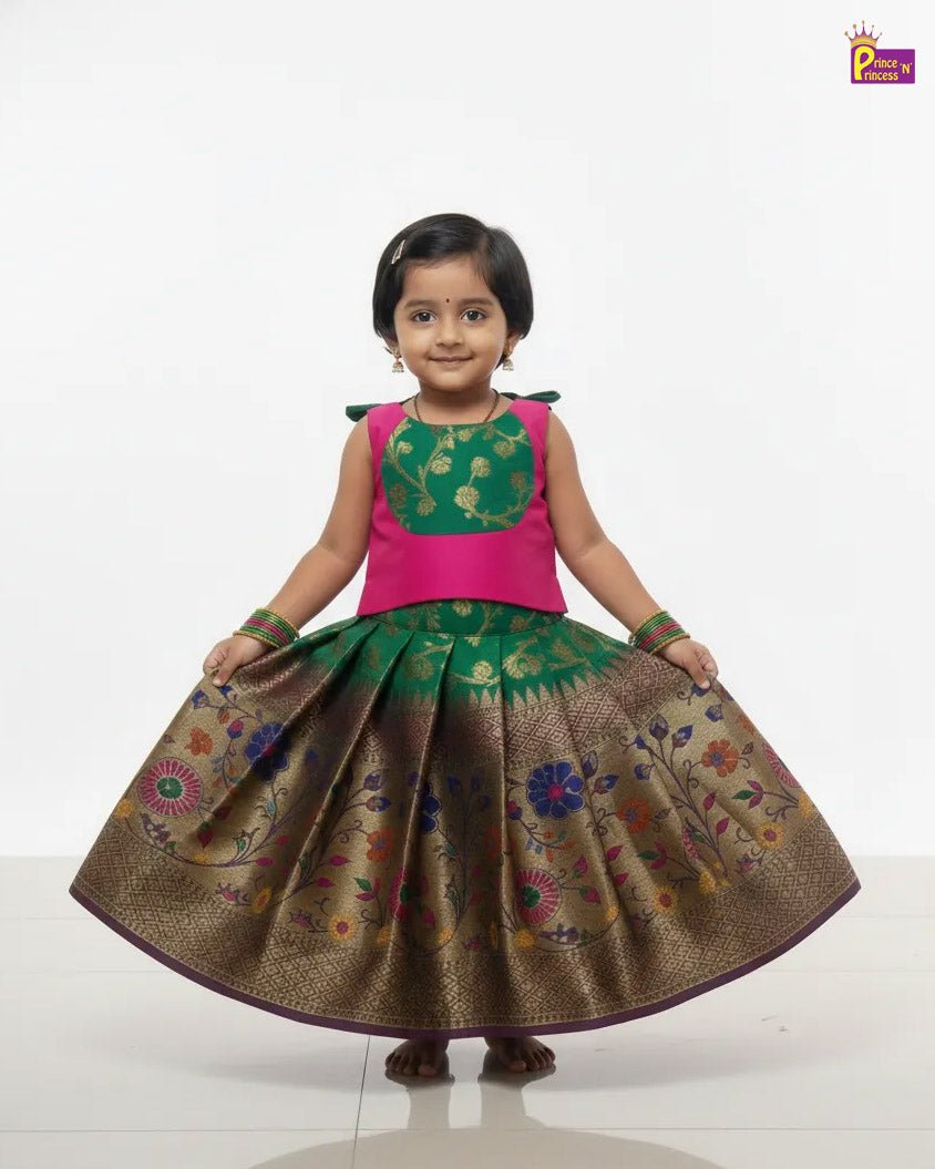 Kids Traditional Pattu pavadai in Pink with Green PPP1992 for kids festival wear