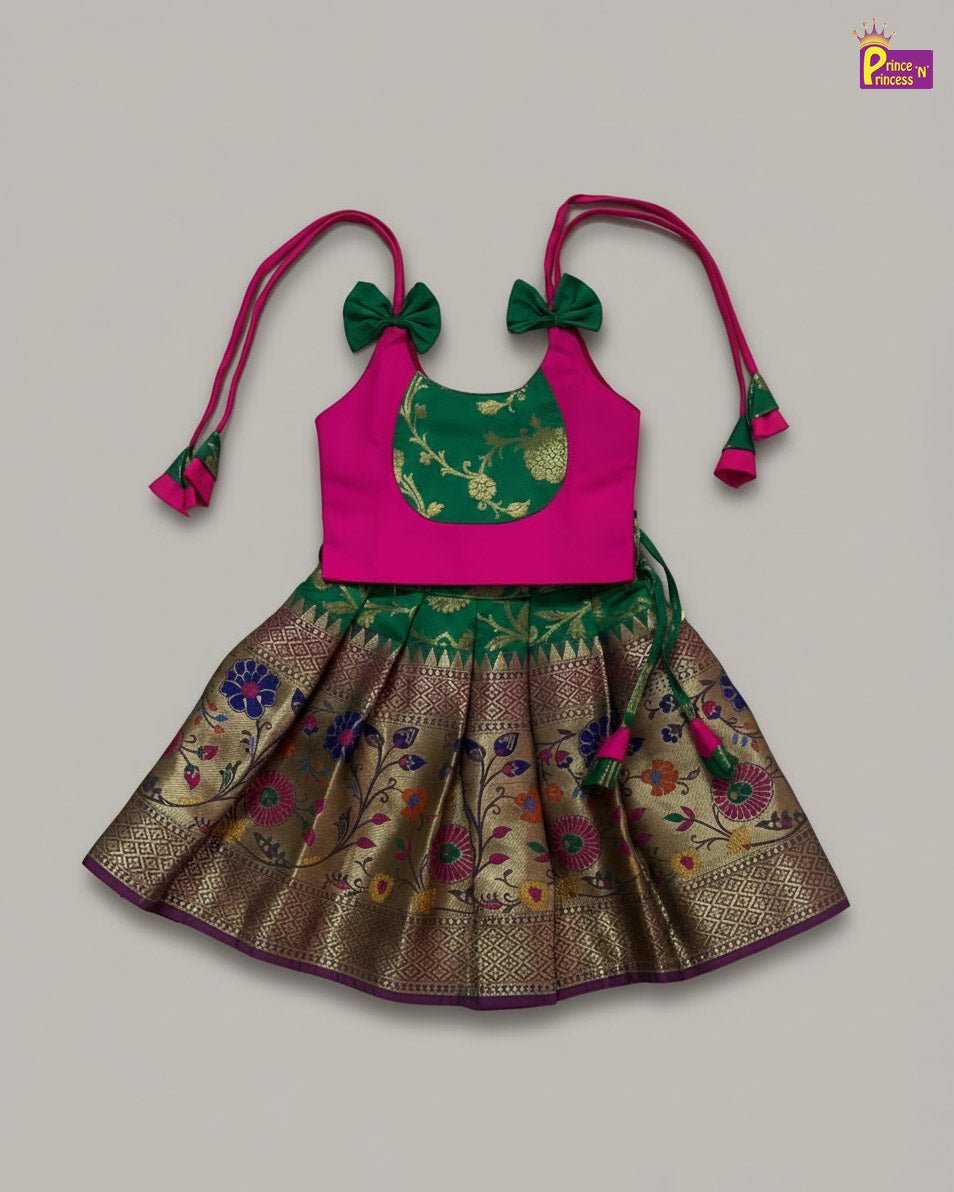 Kids Traditional Pattu pavadai in Pink with Green PPP1992 - Prince N Princess