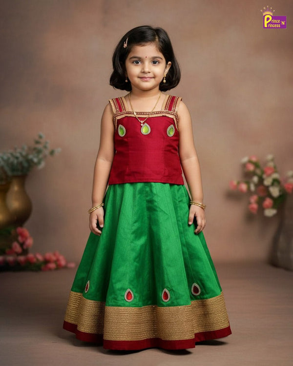 KIds Traditional Pattu Pavadai Maroon with Green PPP2012 - Prince N Princess