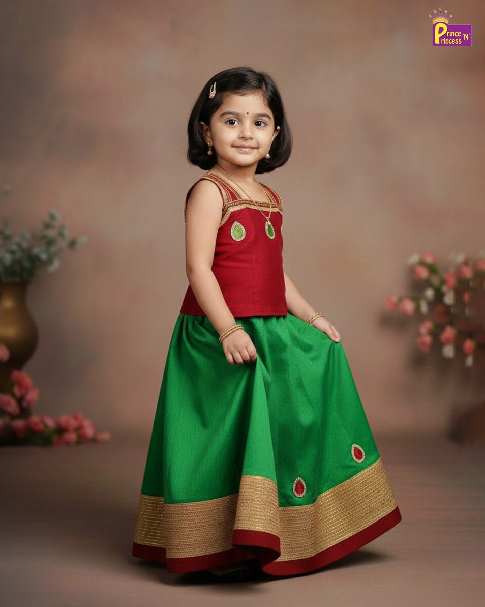 KIds Traditional Pattu Pavadai Maroon with Green PPP2012 - Prince N Princess