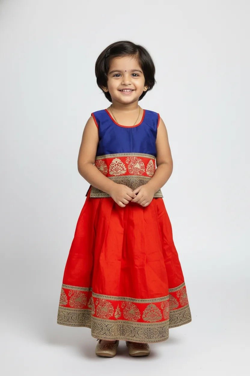 Kids Traditional Pattu pavadai Navy with Mustard Orange LPP026 - Prince N Princess