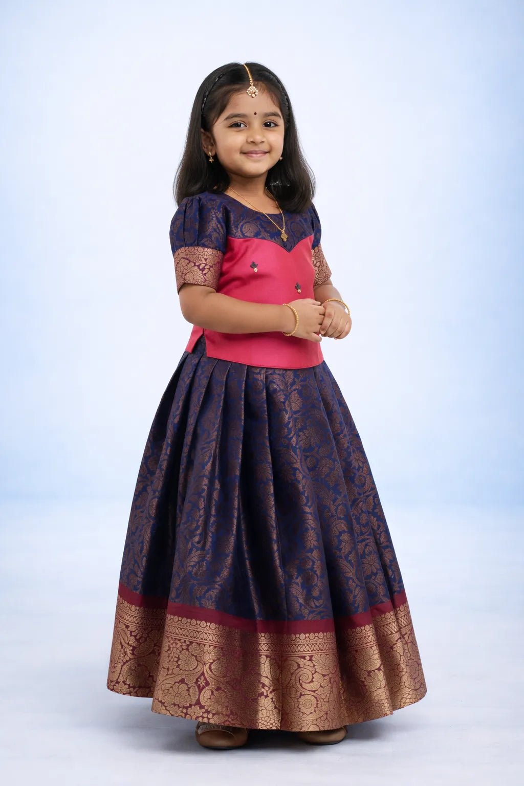 Kids Traditional Pattu Pavadai Pepsi Blue with Pink PPP1575 - Prince N Princess