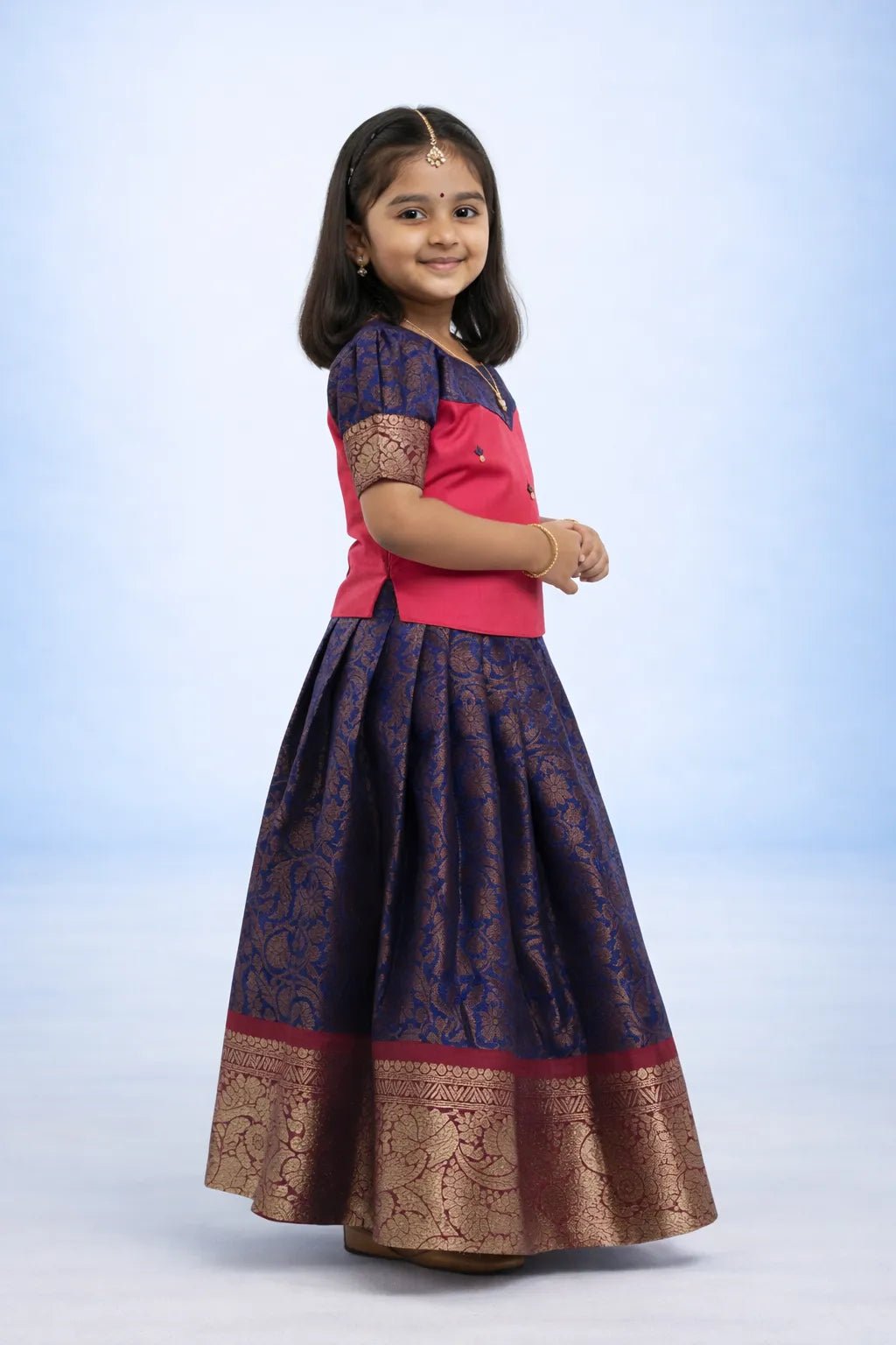 Kids Traditional Pattu Pavadai Pepsi Blue with Pink PPP1575 - Prince N Princess
