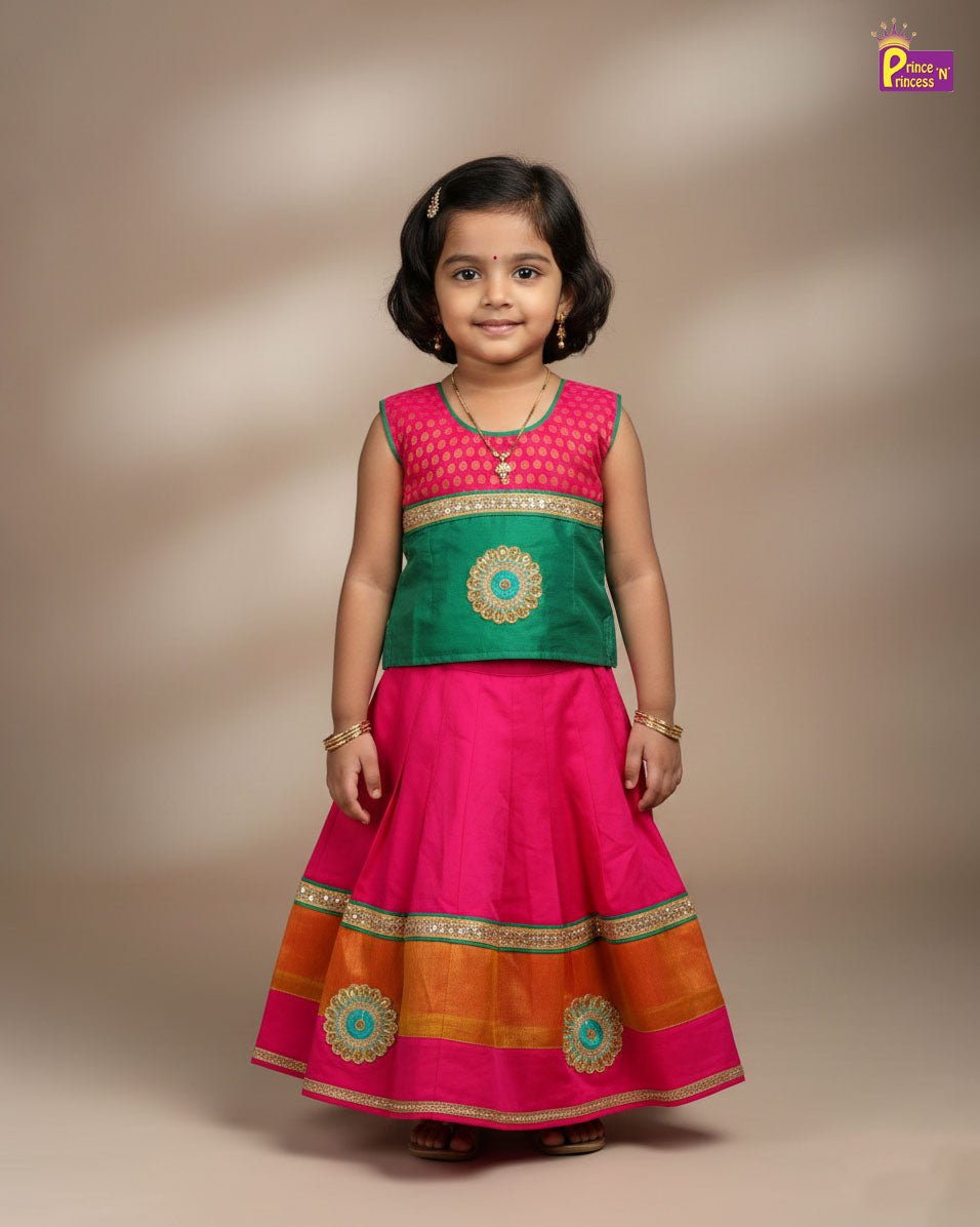 KIds Traditional Pattu Pavadai Pink with Green PPP2016 - Prince N Princess