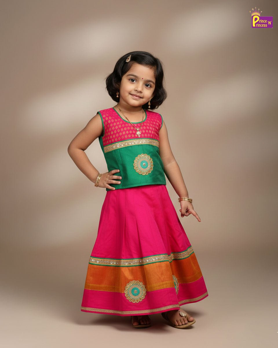 KIds Traditional Pattu Pavadai Pink with Green PPP2016 - Prince N Princess
