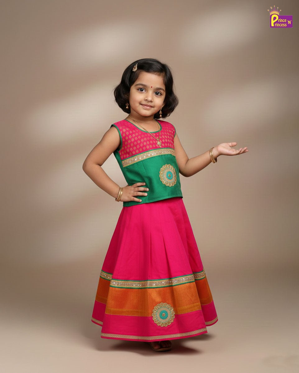 KIds Traditional Pattu Pavadai Pink with Green PPP2016 - Prince N Princess