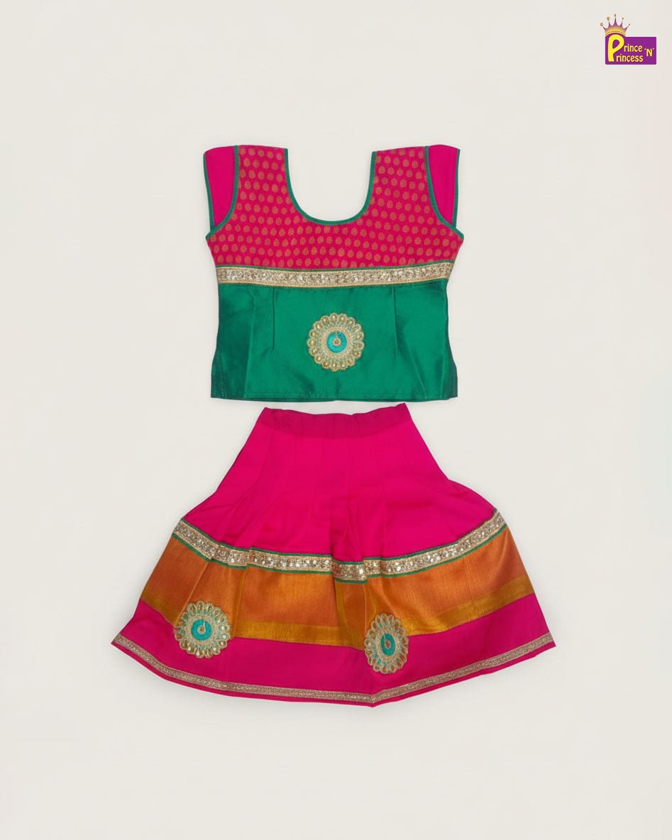 KIds Traditional Pattu Pavadai Pink with Green PPP2016 - Prince N Princess