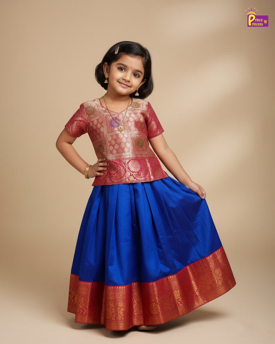 Kids Traditional Pattu Pavadai Royal Blue with SIlver Gold PPP1865 - Prince N Princess