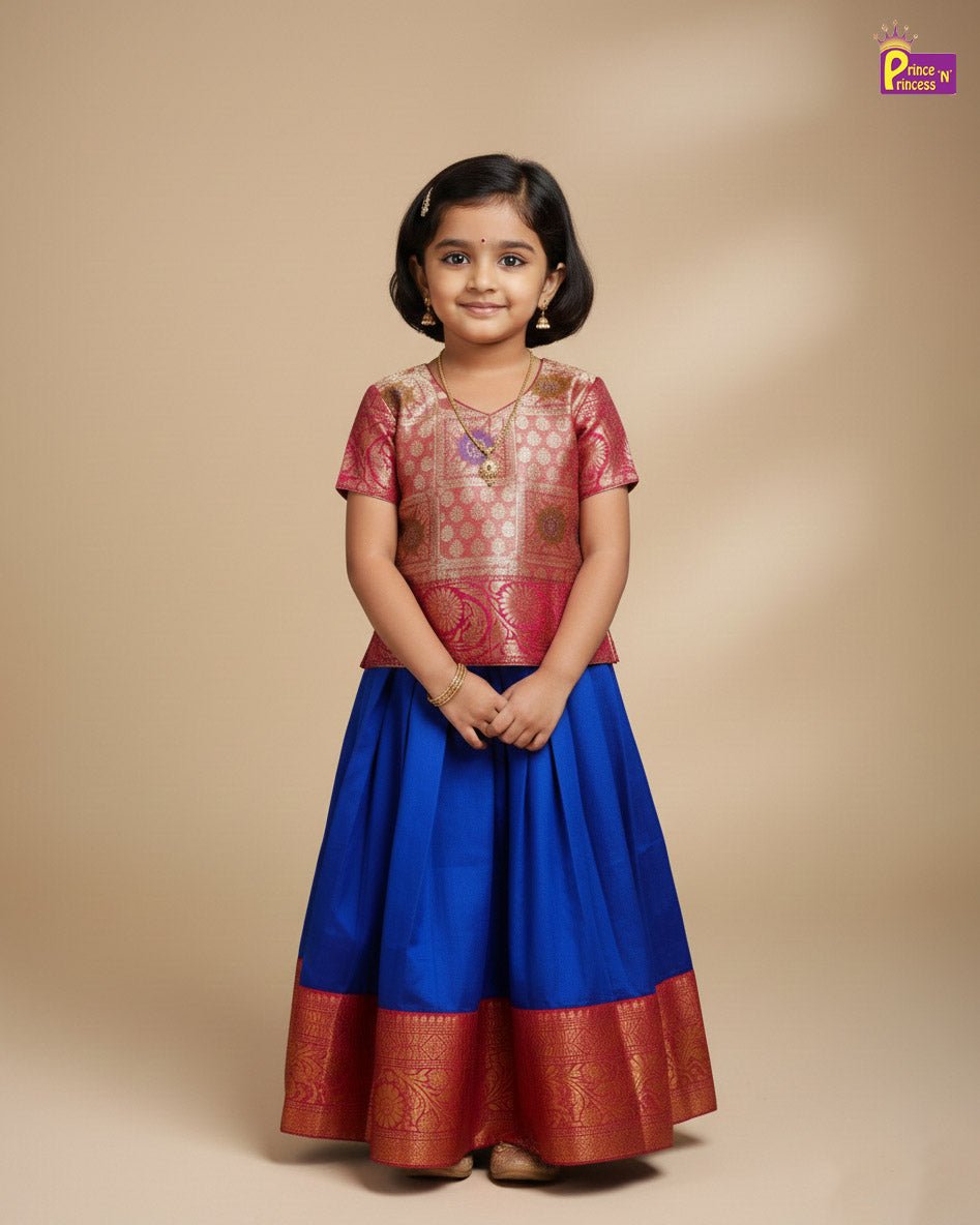 Kids Traditional Pattu Pavadai Royal Blue with SIlver Gold PPP1865 - Prince N Princess