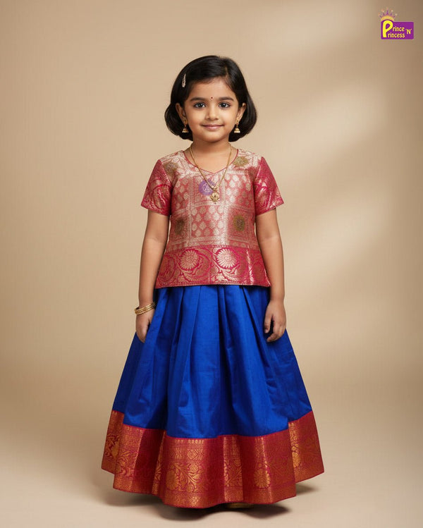 Kids Traditional Pattu Pavadai Royal Blue with SIlver Gold PPP1865 - Prince N Princess