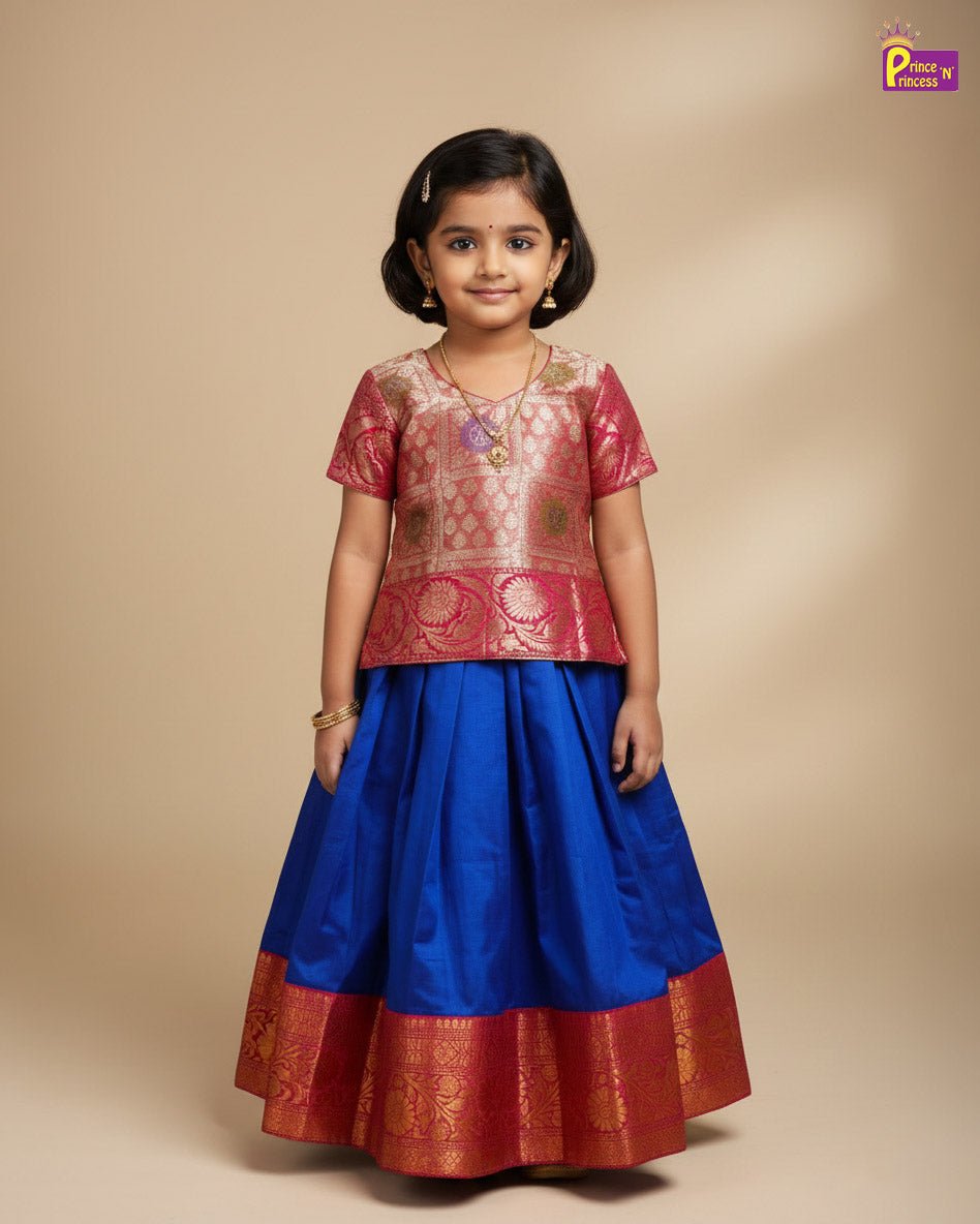 Kids Traditional Pattu Pavadai Royal Blue with SIlver Gold PPP1865 - Prince N Princess