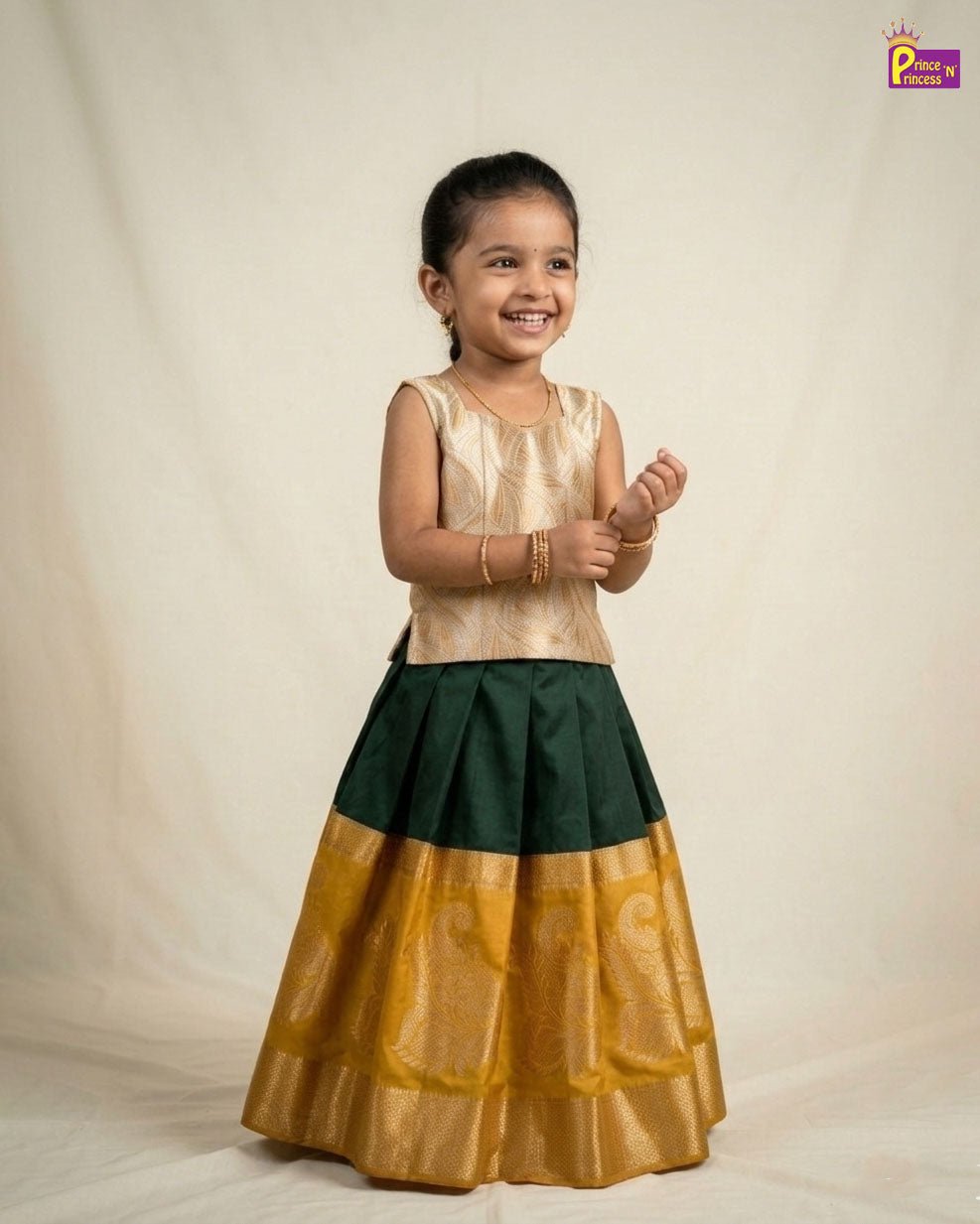 Kids Traditional Pattupavadai in Golden with Green PPP2018 - Prince N Princess