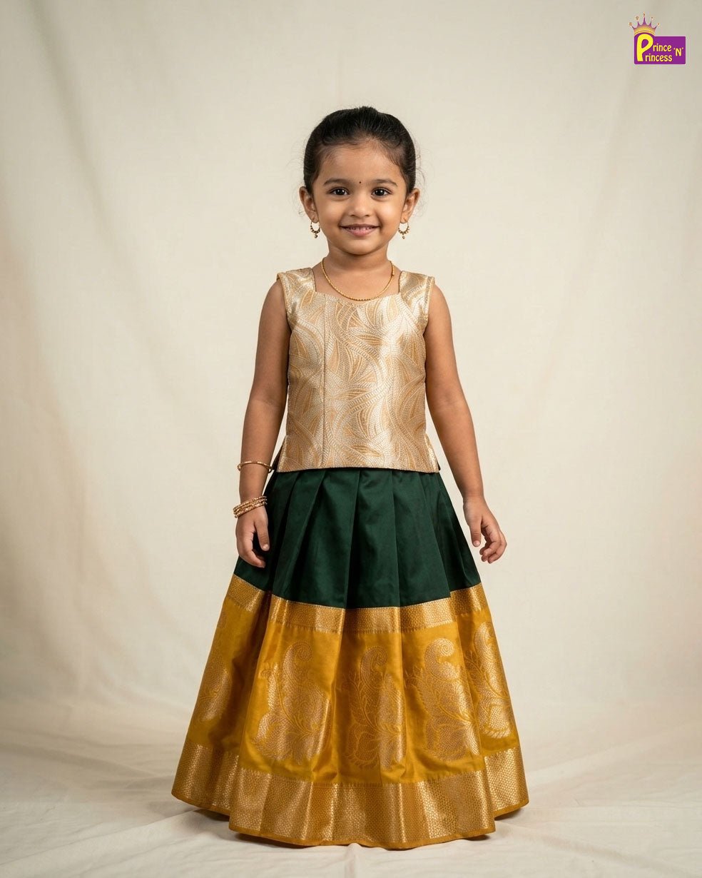 Kids Traditional Pattupavadai in Golden with Green PPP2018 - Prince N Princess