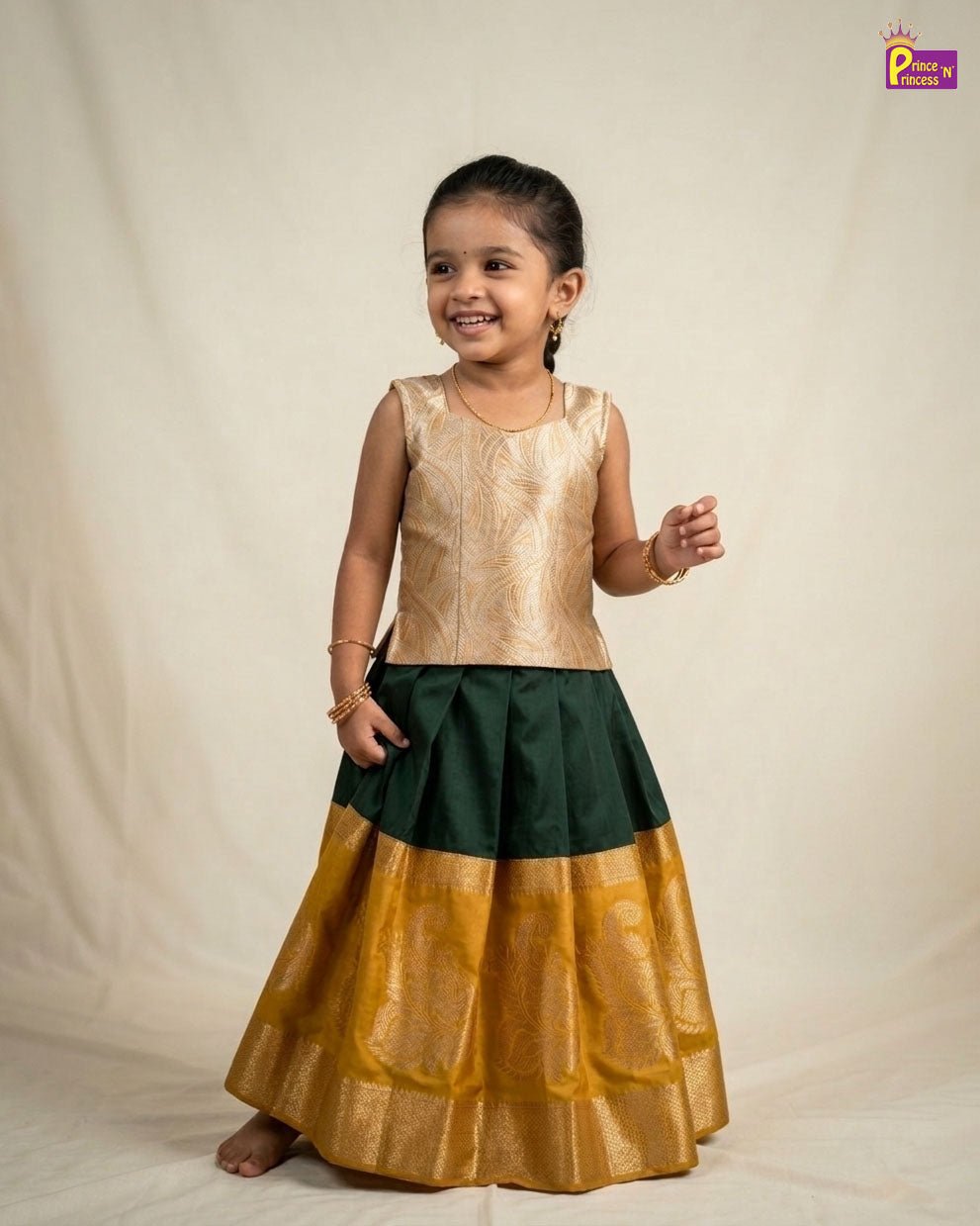 Kids Traditional Pattupavadai in Golden with Green PPP2018 - Prince N Princess