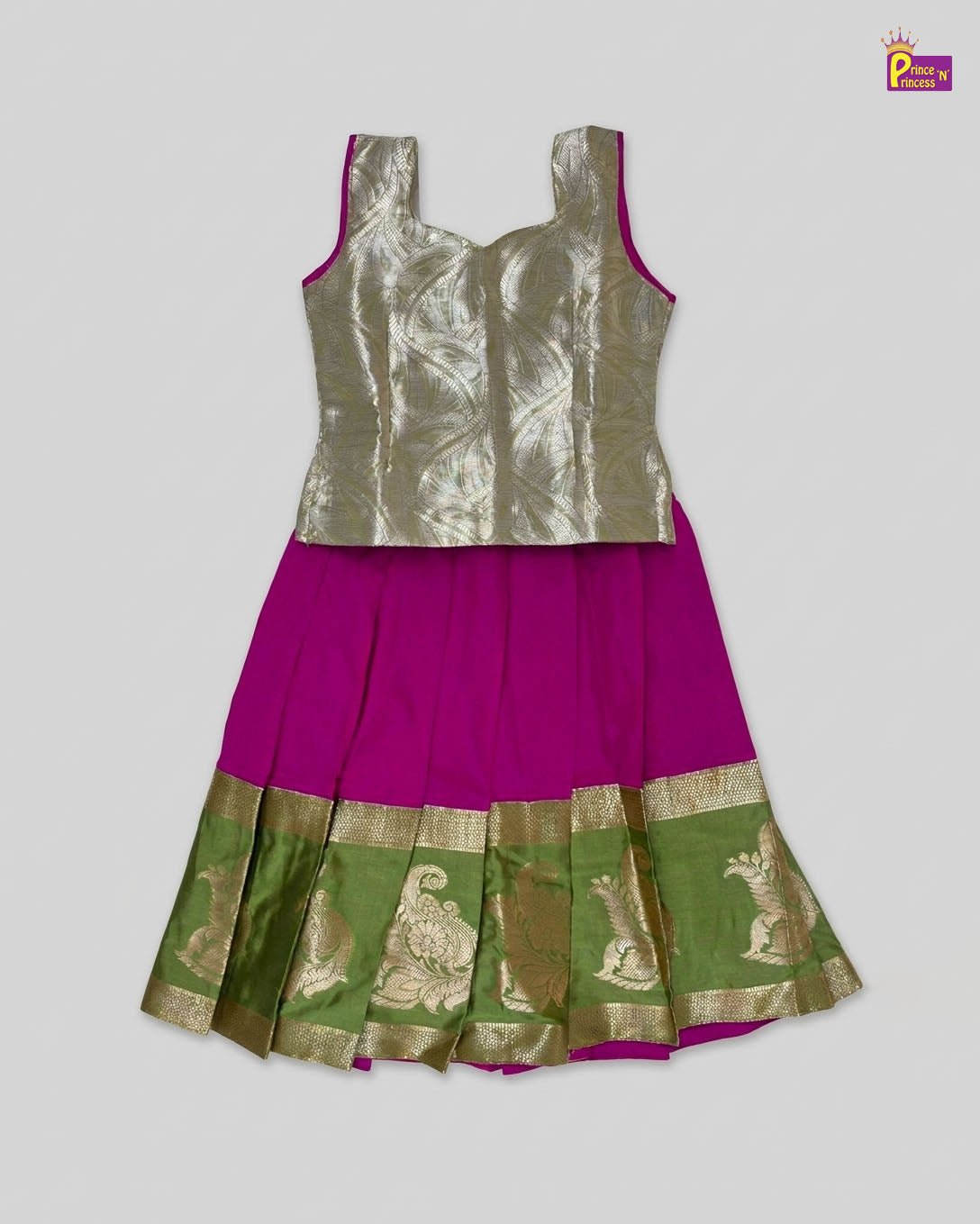 Kids Traditional Pattupavadai in Golden with Pink PPP2020 - Prince N Princess