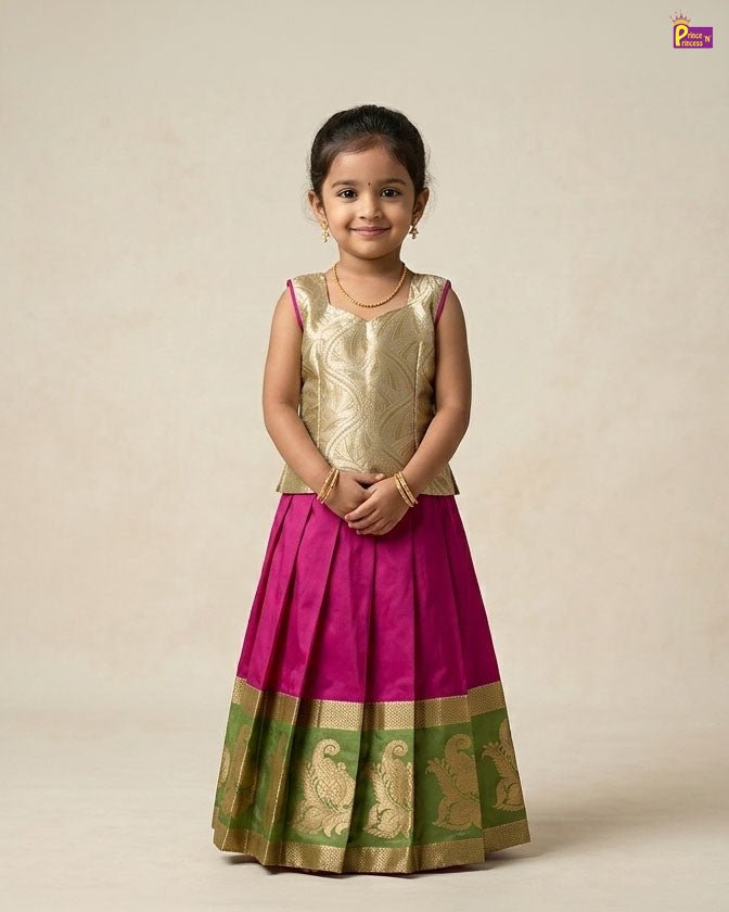 Kids Traditional Pattupavadai in Golden with Pink PPP2020 - Prince N Princess