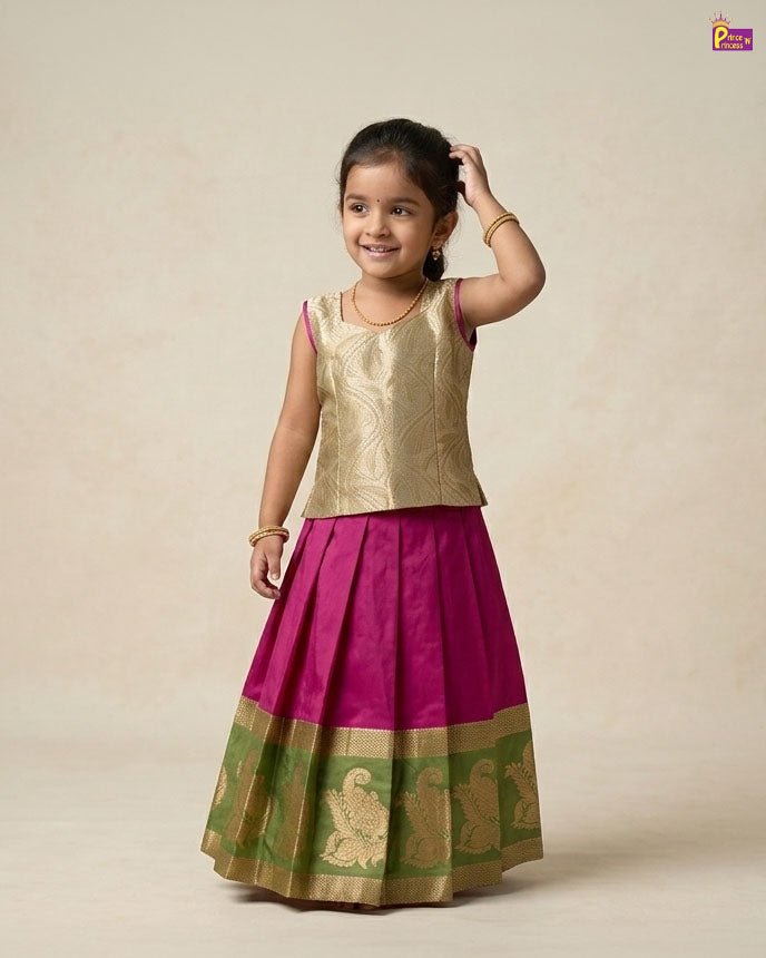 Kids Traditional Pattupavadai in Golden with Pink PPP2020 - Prince N Princess