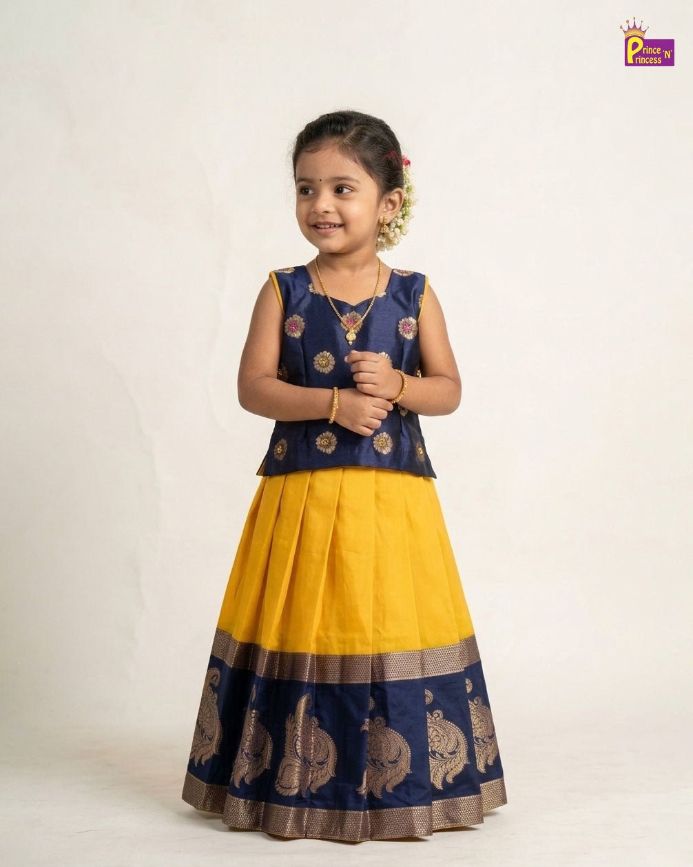 Kids Traditional Pattupavadai in Navy with Yellow PPP2019 - Prince N Princess