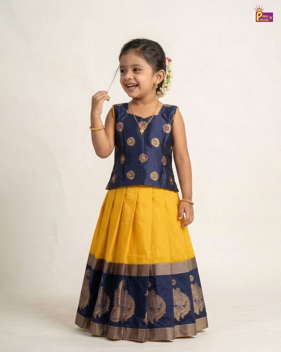 Kids Traditional Pattupavadai in Navy with Yellow PPP2019 - Prince N Princess
