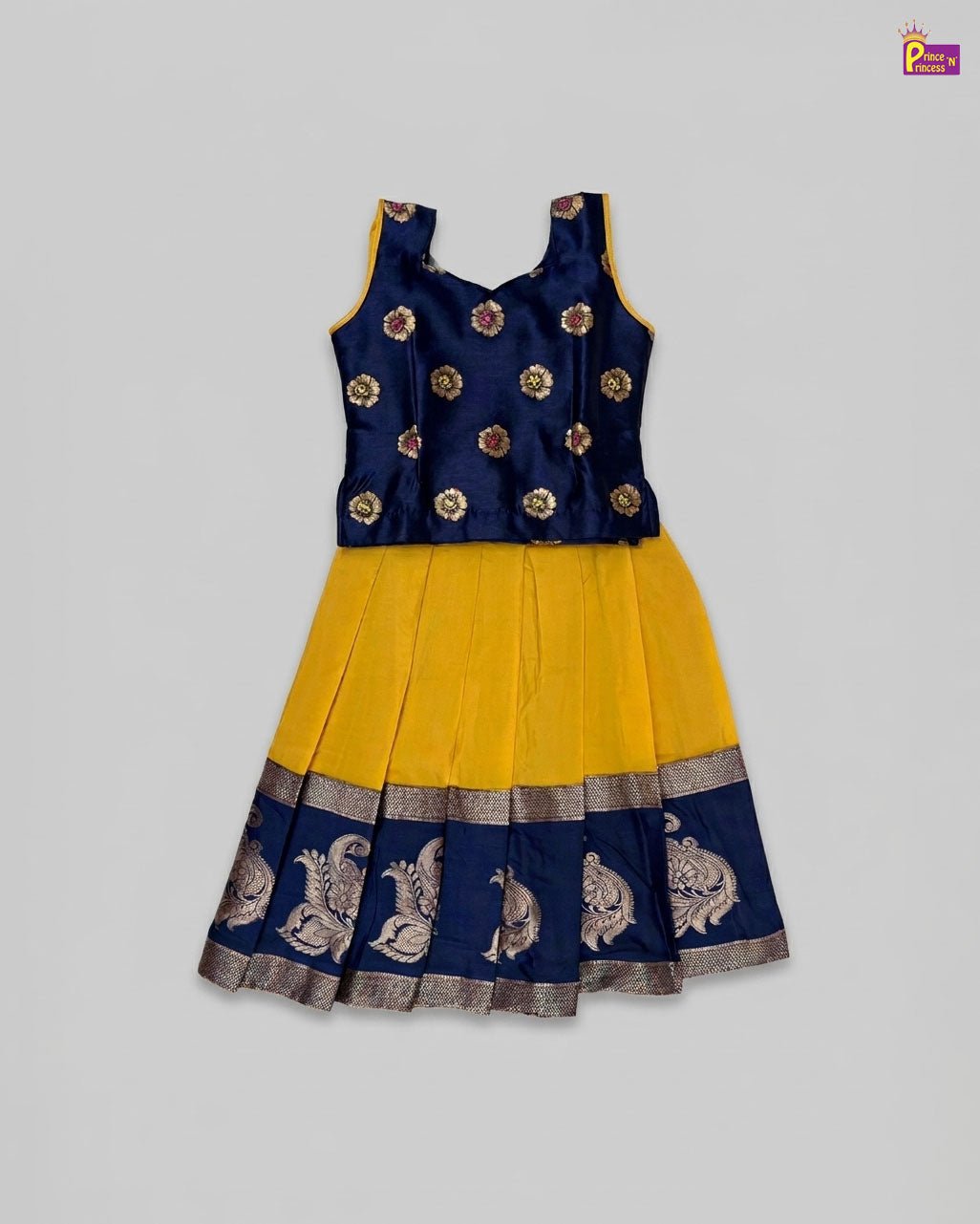 Kids Traditional Pattupavadai in Navy with Yellow PPP2019 - Prince N Princess