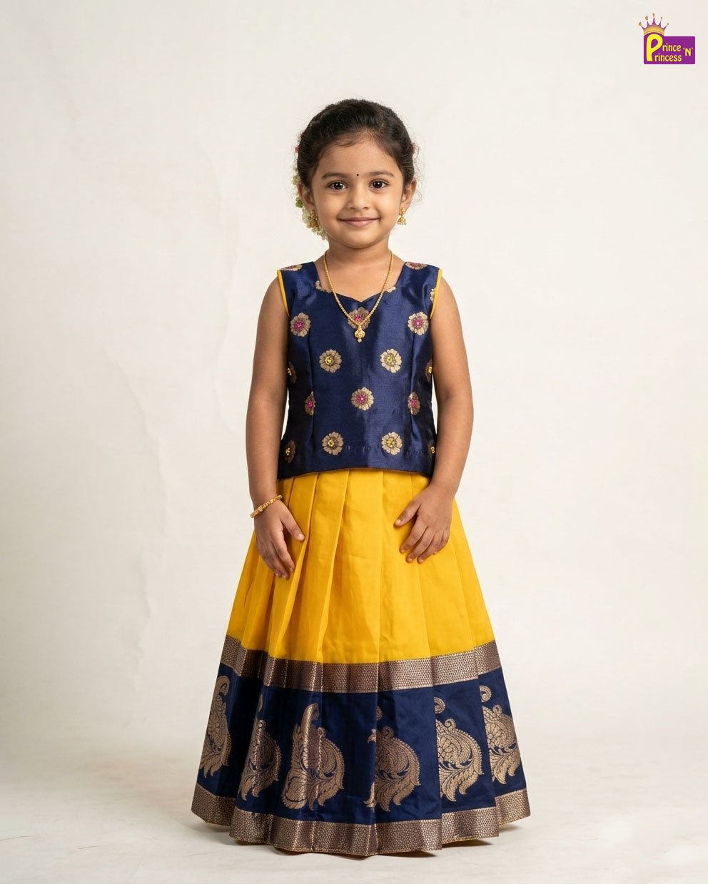 Kids Traditional Pattupavadai in Navy with Yellow PPP2019 - Prince N Princess
