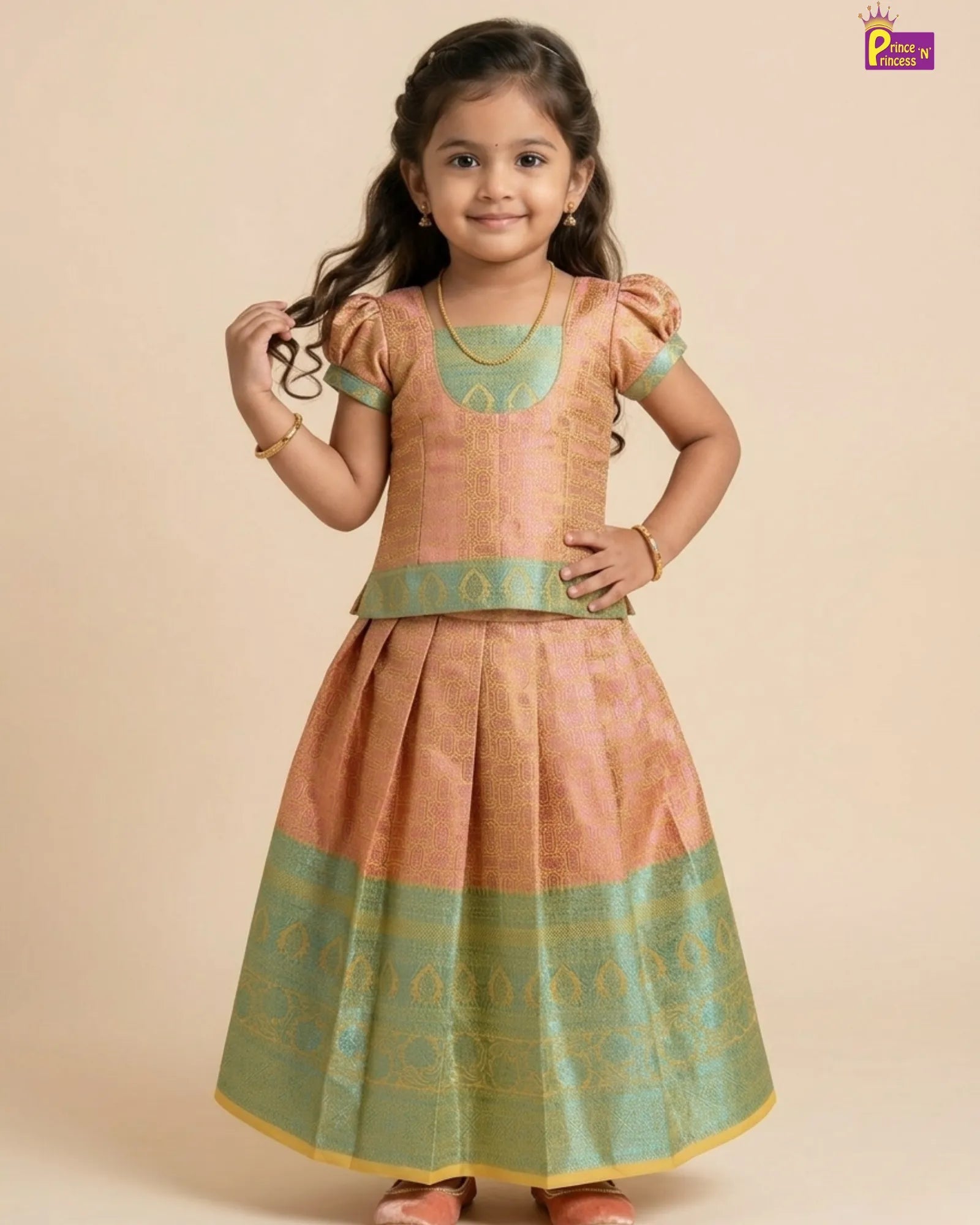 Kids Traditional Pattupavadai Pink Copper PPP1569 for kids festival wear