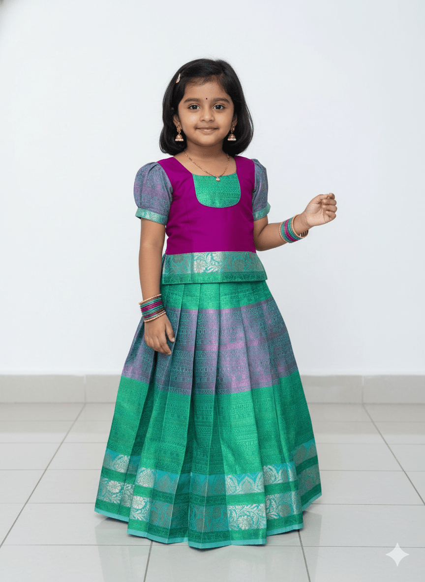 Kids Traditional Pattupavadai Rama Green with Purple PPP1648 - Prince N Princess