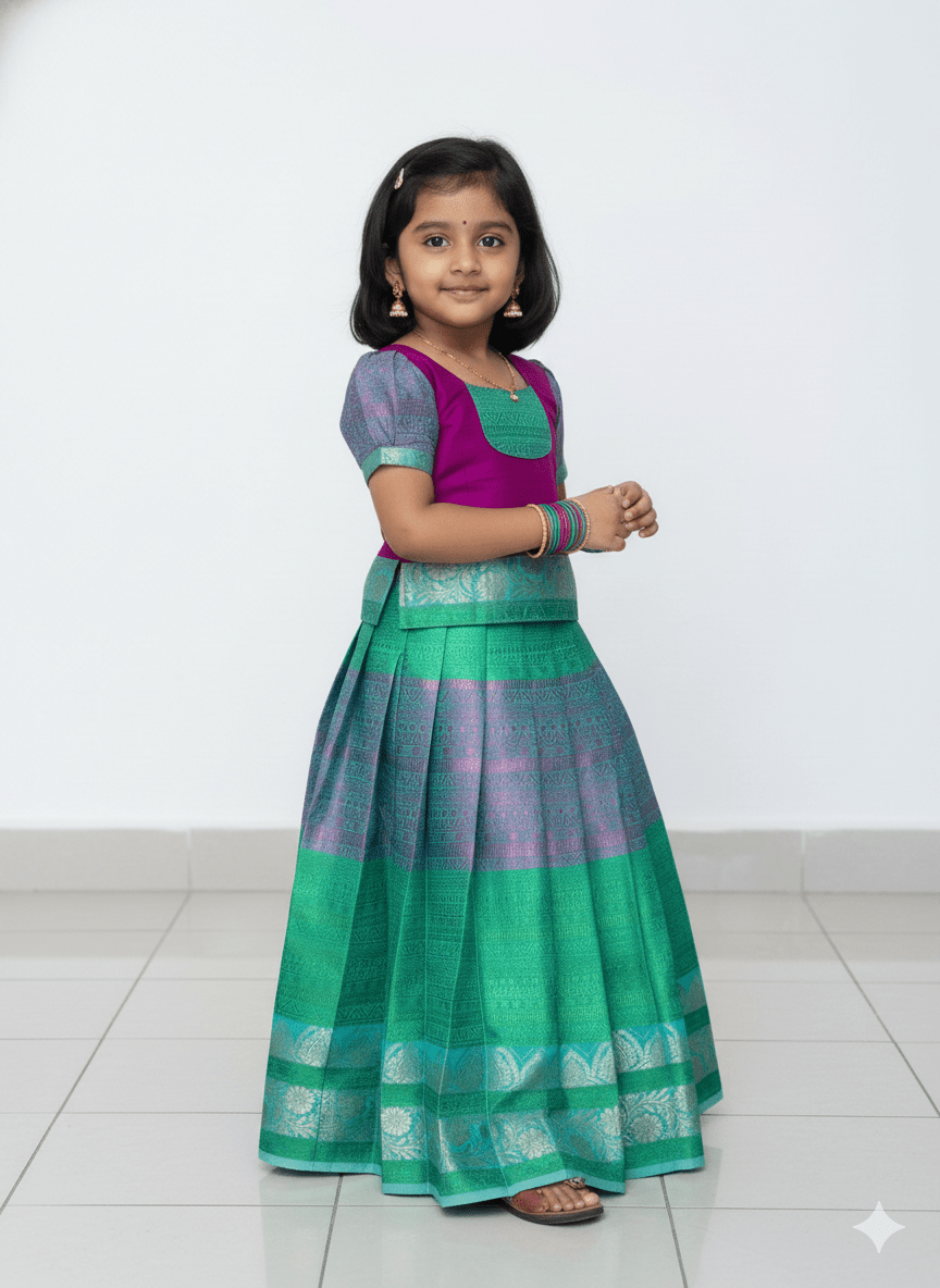 Kids Traditional Pattupavadai Rama Green with Purple PPP1648 - Prince N Princess