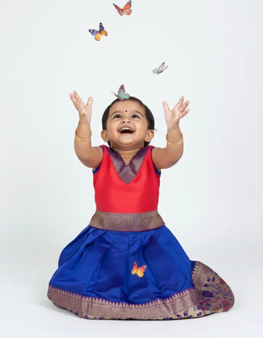 Kids Traditional Pattupavadai Red with Pepsi Blue PPP1981 - Prince N Princess