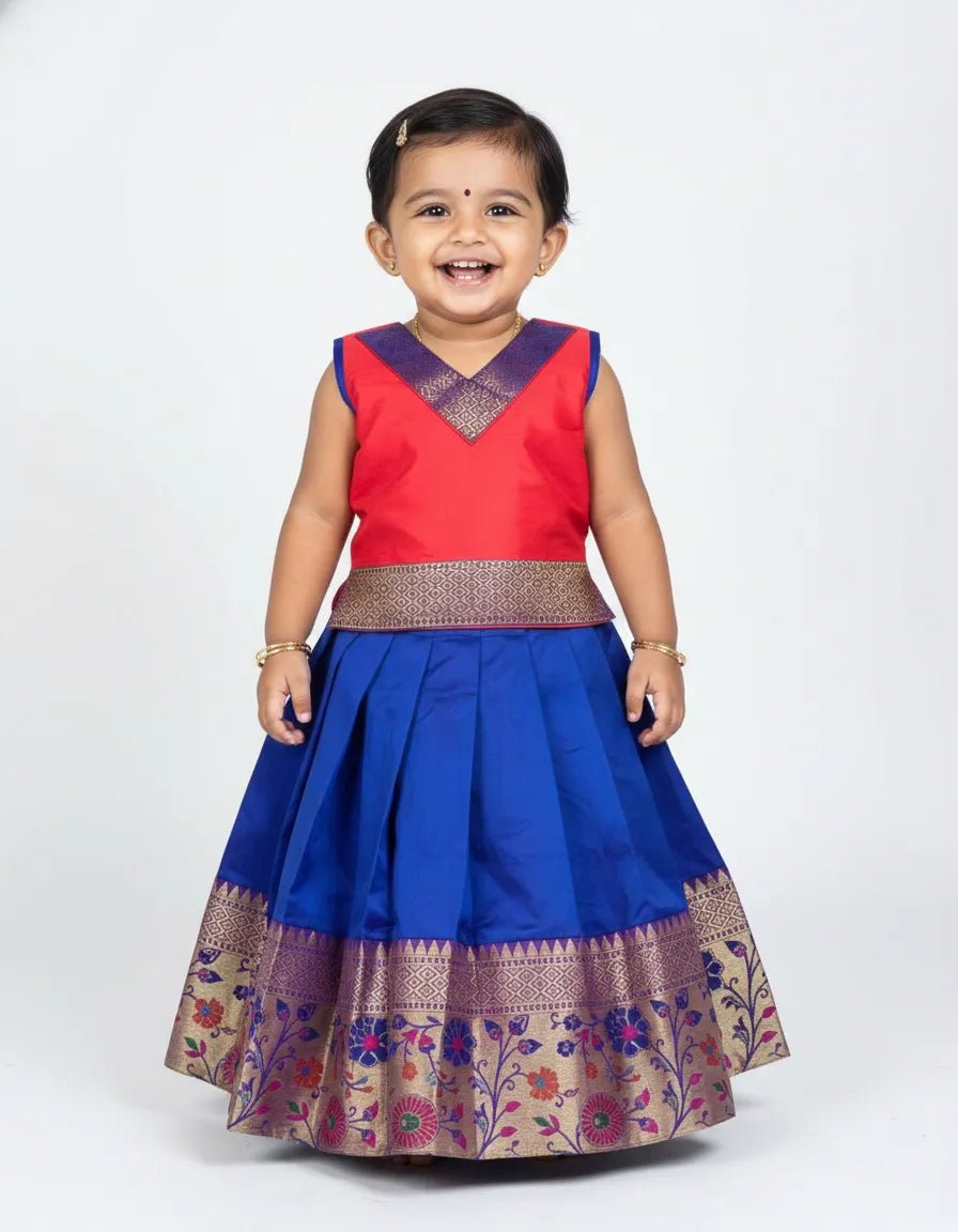 Kids Traditional Pattupavadai Red with Pepsi Blue PPP1981 - Prince N Princess
