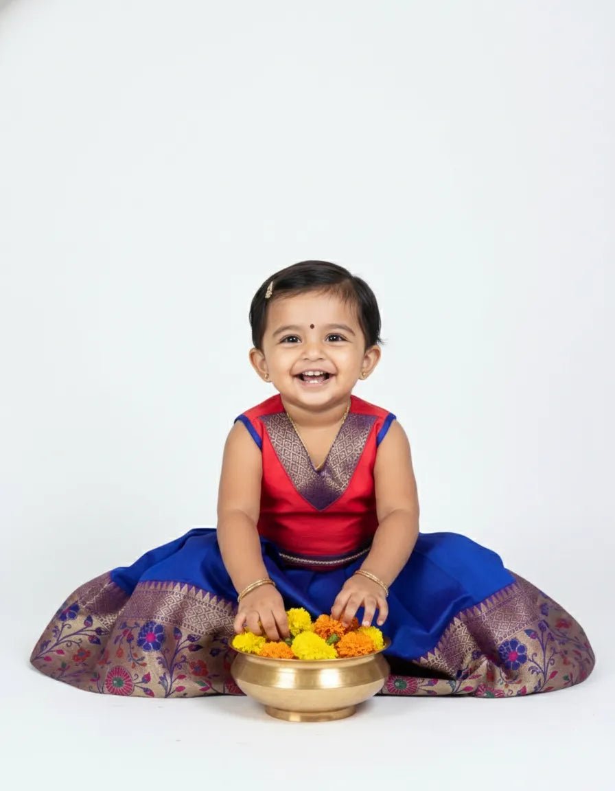 Kids Traditional Pattupavadai Red with Pepsi Blue PPP1981 - Prince N Princess