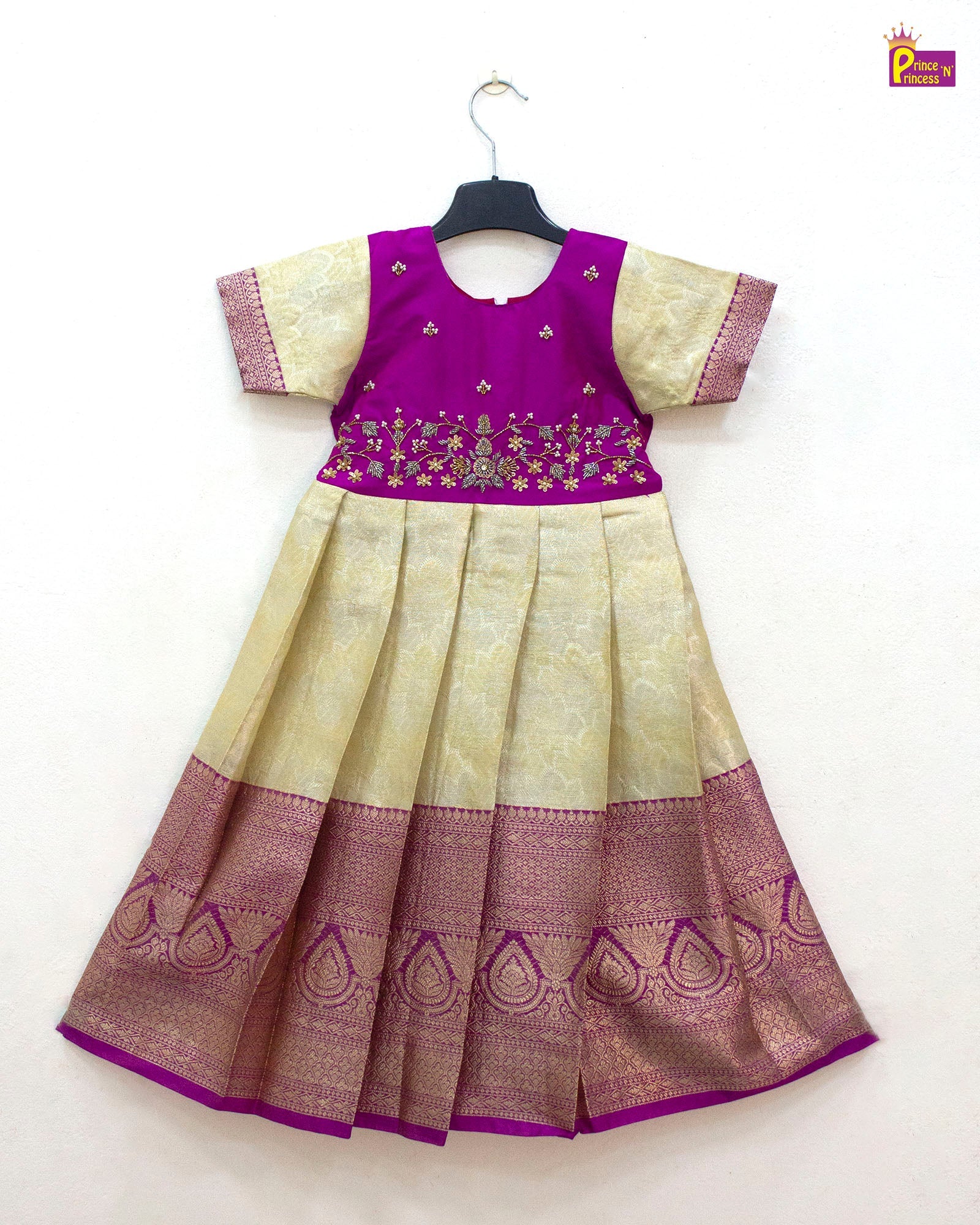 pattu gown pink halfwhite aari work butter silk baby girl traditional gown princenprincess